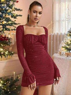 Women'S Glitter Contrast Mesh Long Sleeve Ruched Mini Bodycon Dress, Lady Comfort Casual Elegant Square Neck Lettuce Trim Tight Dresses for Party Dinner Holiday, Party Dress, Birthday Dress for Women Casual