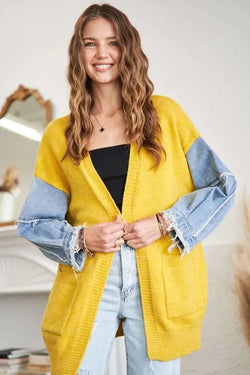 ADORA Full Size Frayed Denim Sleeve Sweater Cardigan Plus Size - Bela Fils BoutiqueBela Fils Boutique