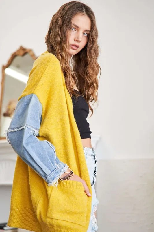 ADORA Full Size Frayed Denim Sleeve Sweater Cardigan Plus Size - Bela Fils BoutiqueBela Fils Boutique
