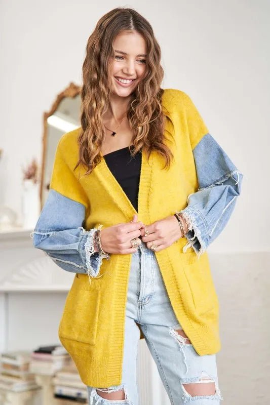 ADORA Full Size Frayed Denim Sleeve Sweater Cardigan Plus Size - Bela Fils BoutiqueBela Fils Boutique