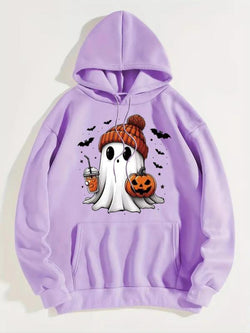 Women'S Ghost Print Thermal Lined Hoodie, Fashion Casual Drawstring Pocket Hooded Sweatshirt for Daily Holiday Outdoor Wear, Women Clothing for Fall & Winter Halloween