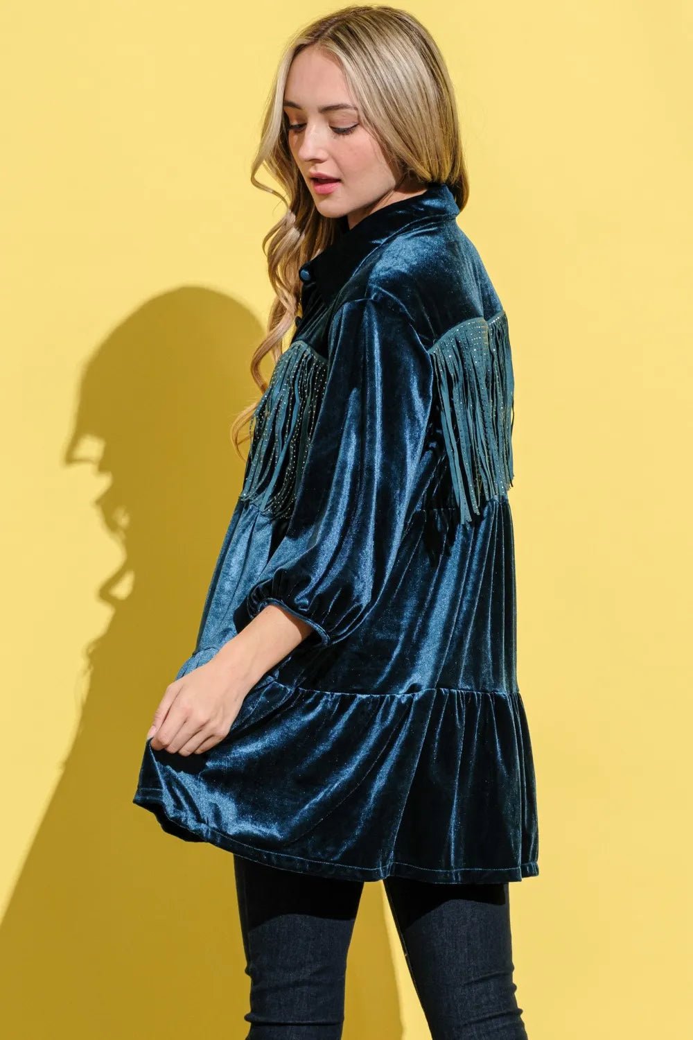 And The Why Fringe Detailed Velvet Shirt Dress - Bela Fils BoutiqueBela Fils Boutique