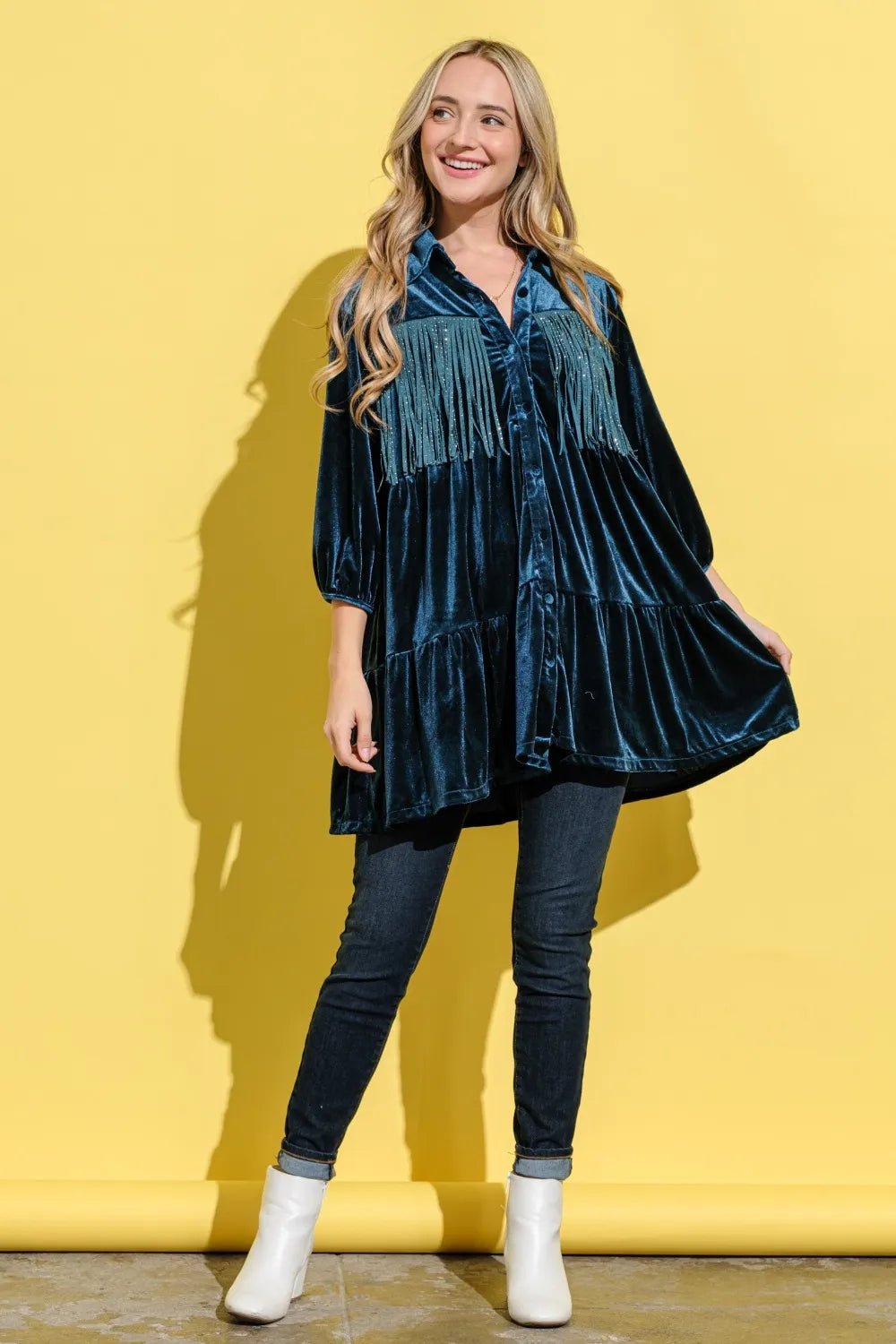 And The Why Fringe Detailed Velvet Shirt Dress - Bela Fils BoutiqueBela Fils Boutique