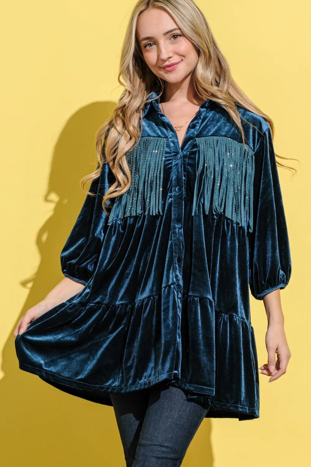 And The Why Fringe Detailed Velvet Shirt Dress - Bela Fils BoutiqueBela Fils Boutique