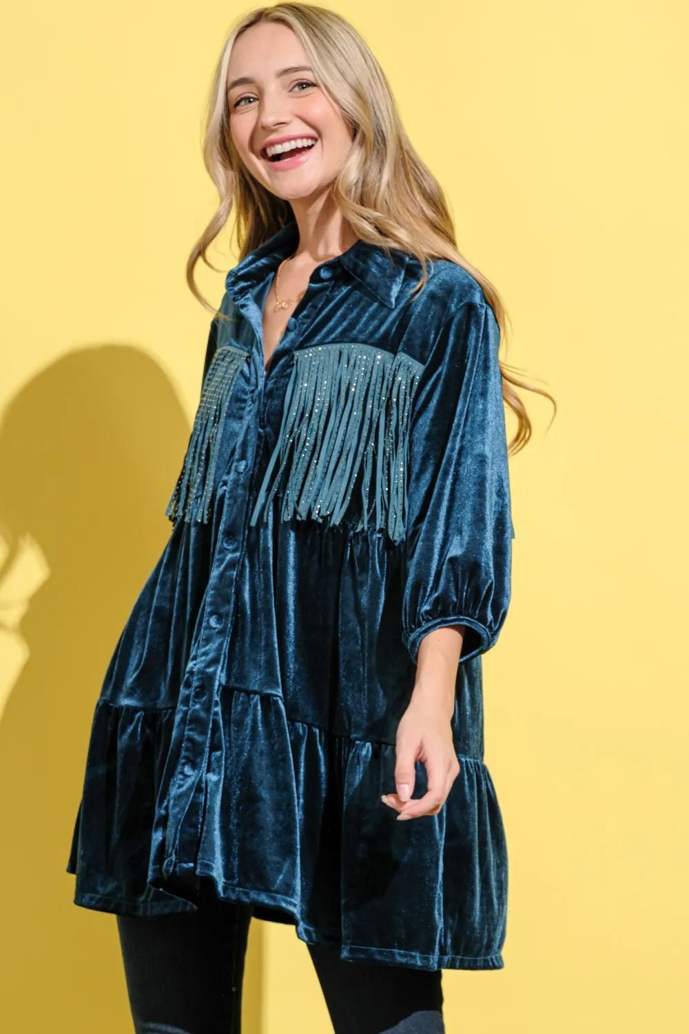 And The Why Fringe Detailed Velvet Shirt Dress - Bela Fils BoutiqueBela Fils Boutique