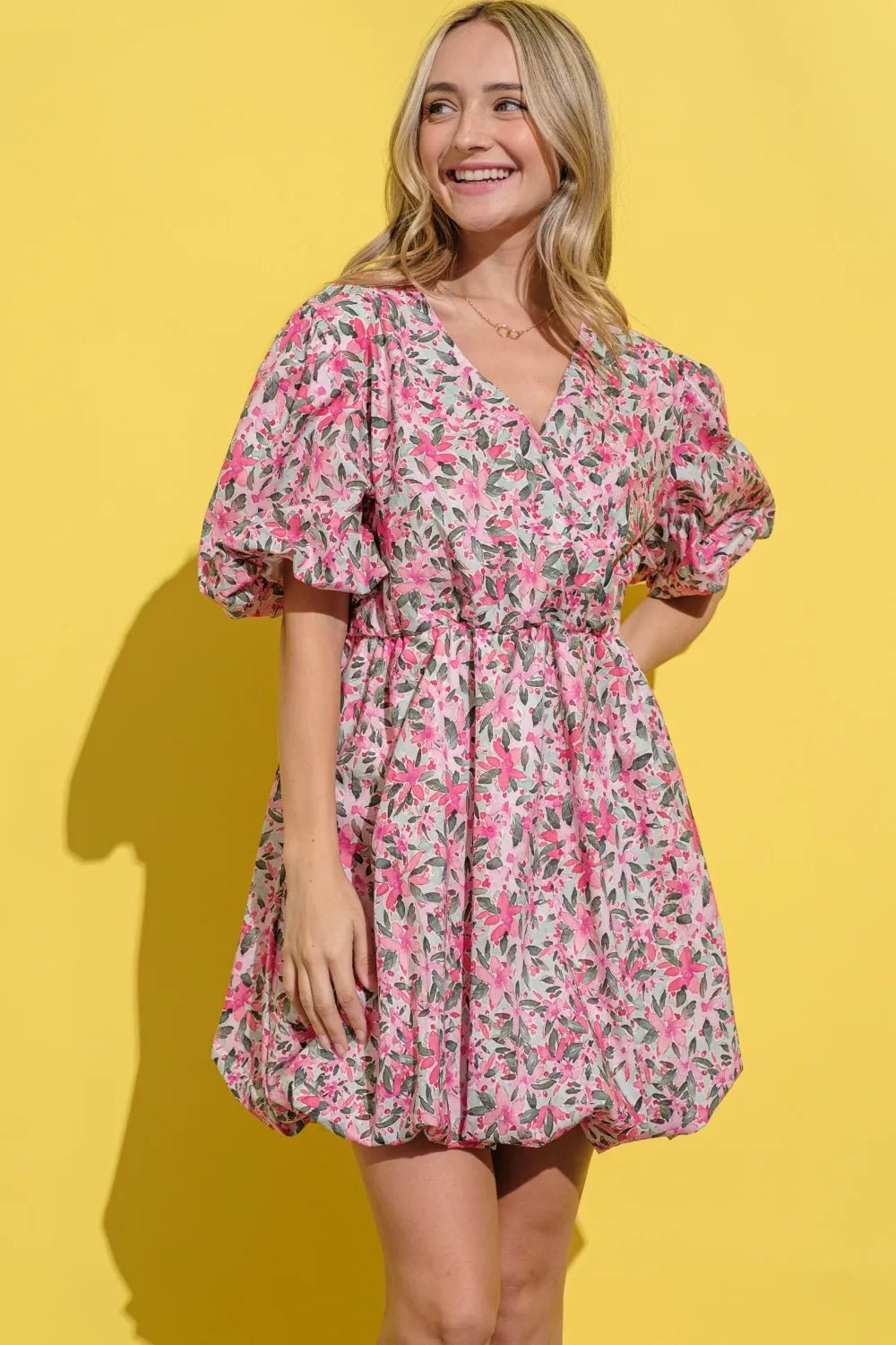 And The Why Full Size Floral Surplice Puff Sleeve Dress - Bela Fils BoutiqueBela Fils Boutique