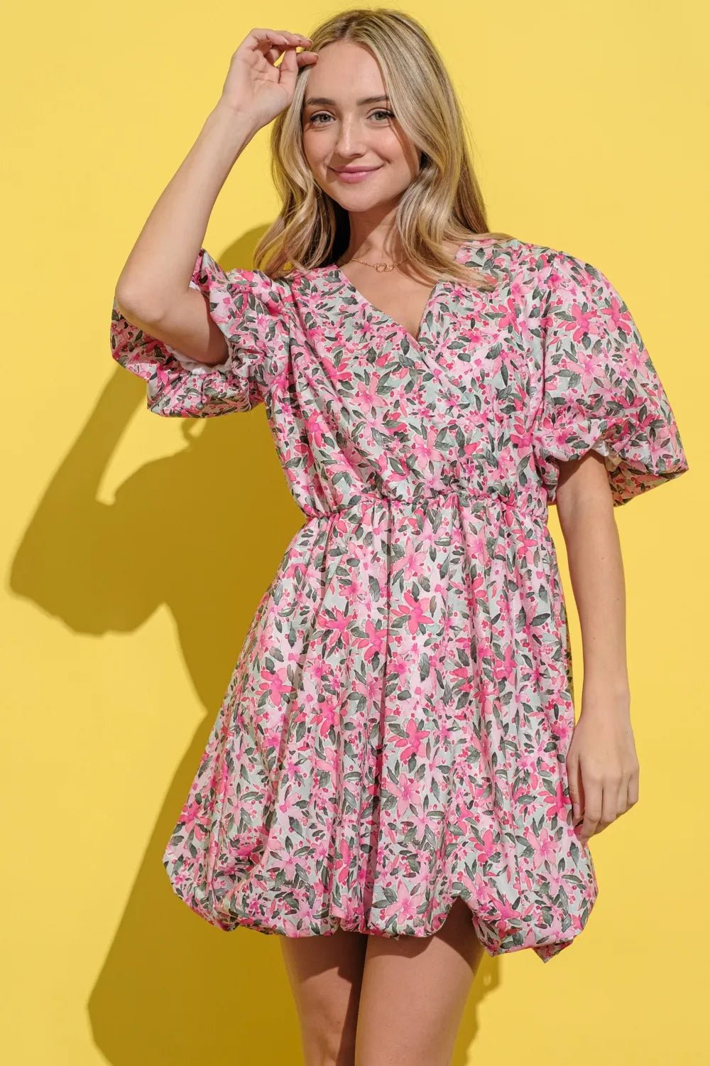 And The Why Full Size Floral Surplice Puff Sleeve Dress - Bela Fils BoutiqueBela Fils Boutique