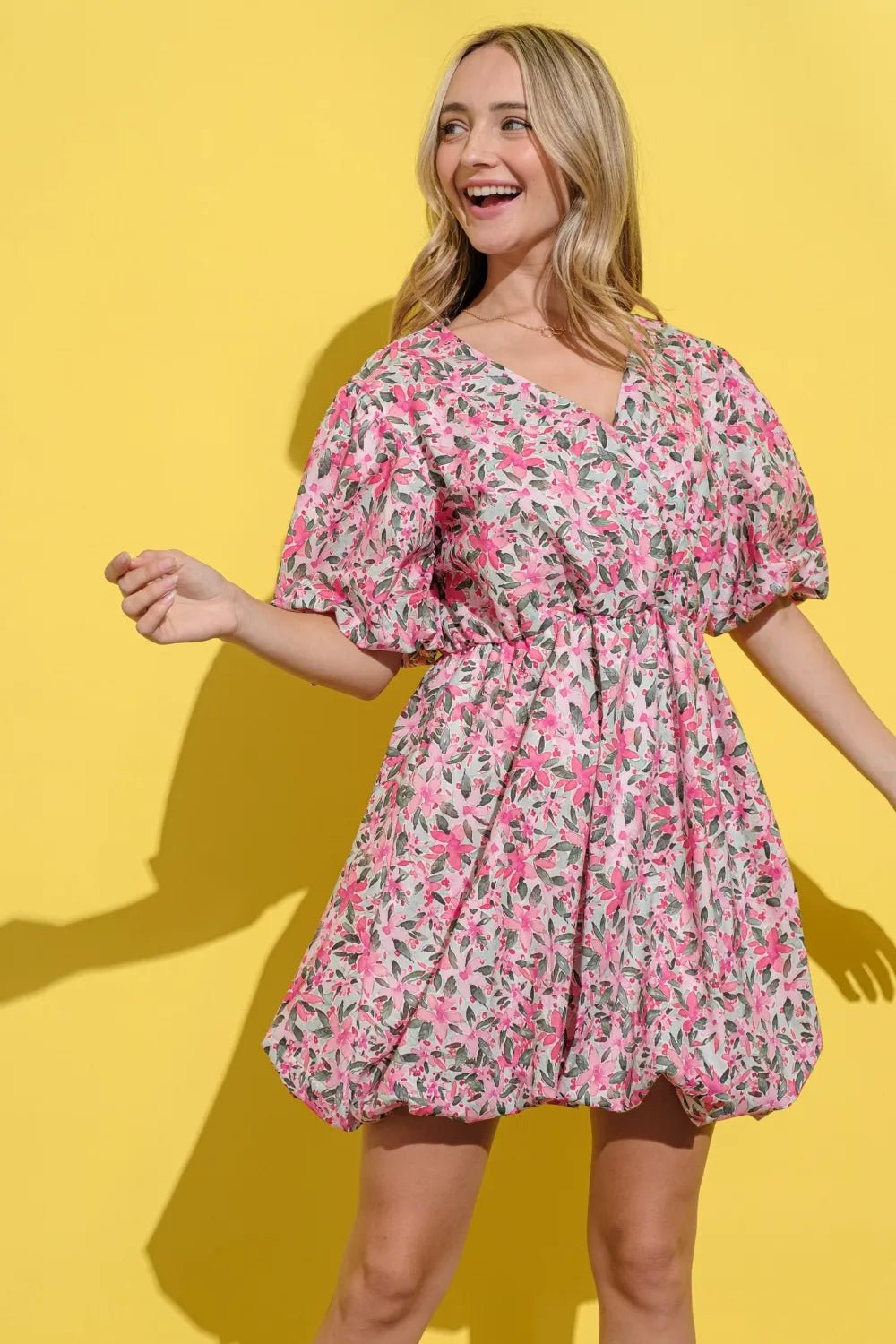And The Why Full Size Floral Surplice Puff Sleeve Dress - Bela Fils BoutiqueBela Fils Boutique