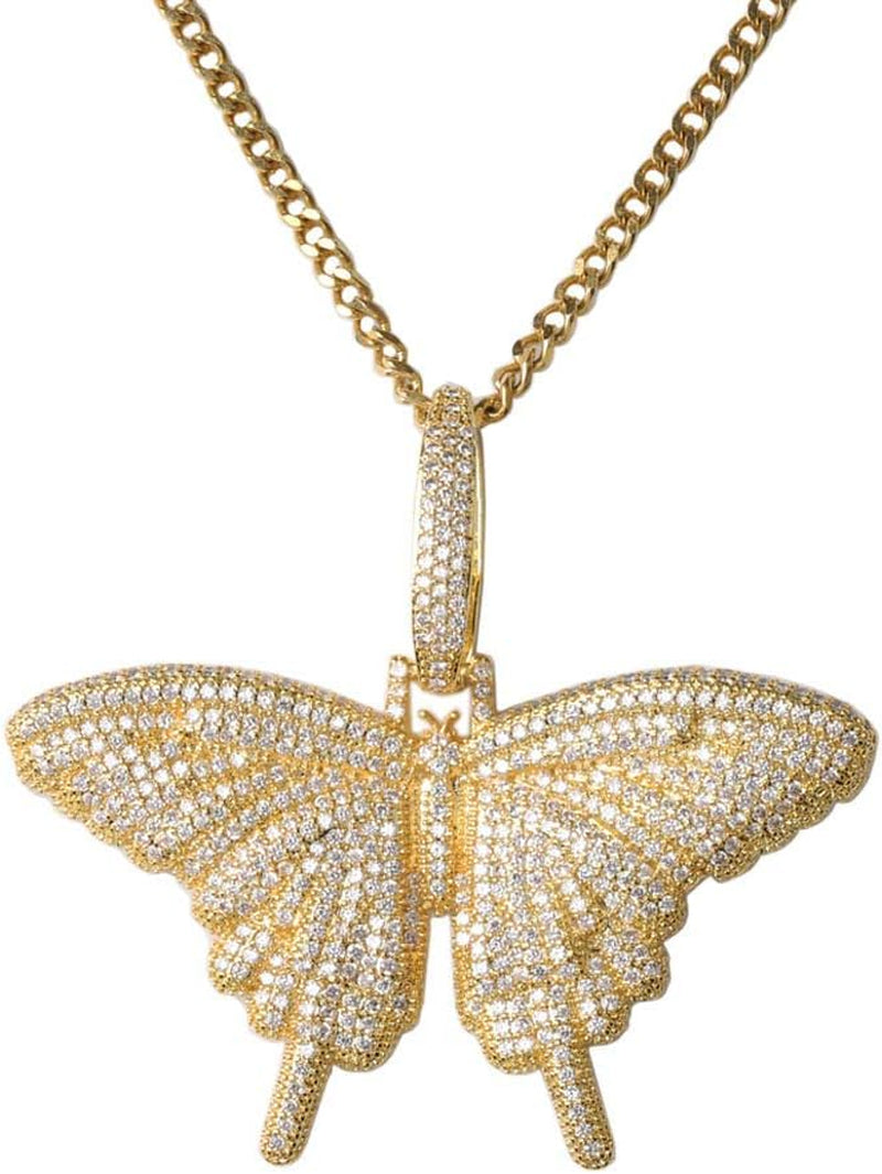 Silver Plated CZ Iced Out Bling Butterfly Chain Necklace Party Jewelry for Men Women