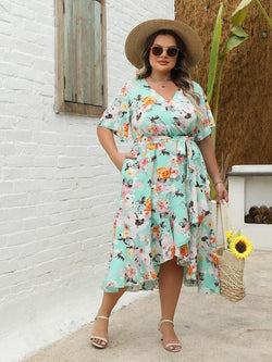 Plus Size Floral Print Ruffle Hem Belted Wrap a Line Dress, Boho Butterfly Sleeve V Neck High Low Midi Dress, Women Clothing for Spring & Fall