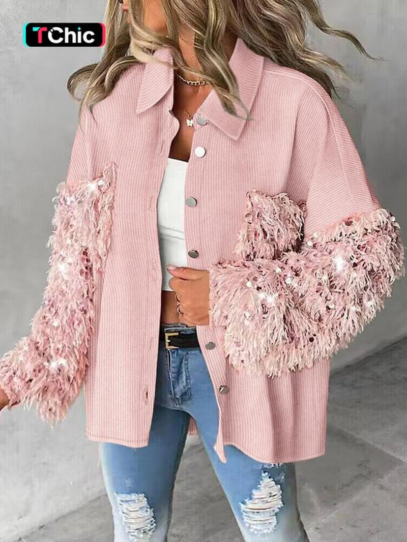 Women'S Colorblock Fuzzy Trim Long Sleeve Jacket, Casual Fashion Button Front Outerwear for Daily Outdoor Wear, Women Clothing for Fall & Winter
