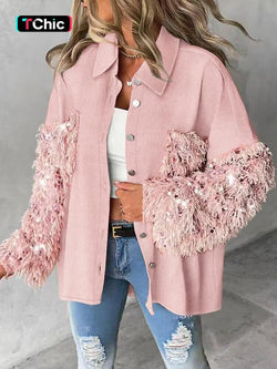 Women'S Colorblock Fuzzy Trim Long Sleeve Jacket, Casual Fashion Button Front Outerwear for Daily Outdoor Wear, Women Clothing for Fall & Winter