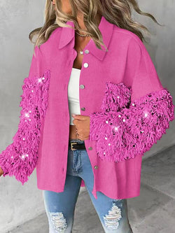 Women'S Colorblock Fuzzy Trim Long Sleeve Jacket, Casual Fashion Button Front Outerwear for Daily Outdoor Wear, Women Clothing for Fall & Winter