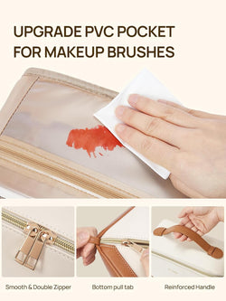 Makeup Bag Large Capacity Travel Cosmetic Bag Portable PU Leather Water Resistant Makeup Organizer Bags for Women with Handle and Divider Open Flat Beige with Brown