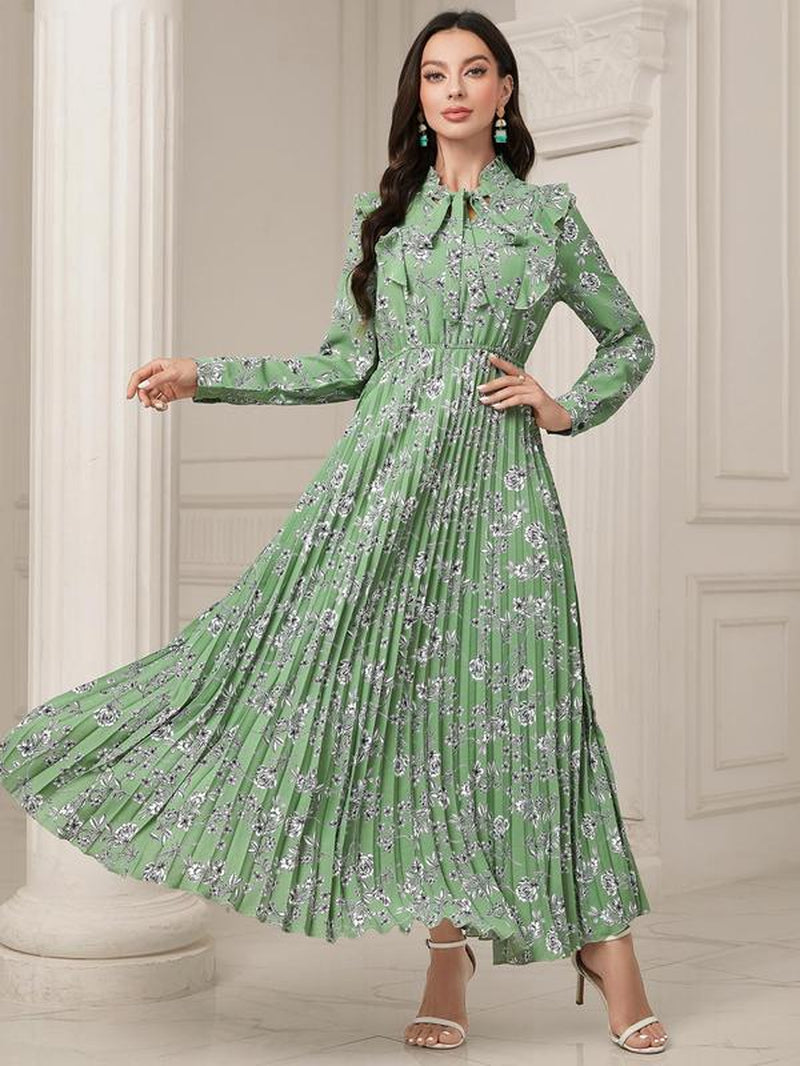 Women'S Floral Print Tie Neck Long Sleeve Vintage A-Line Dress, Summer Clothes Women, Elegant Flared Long Maxi Dresses for Spring & Fall, Women Clothing