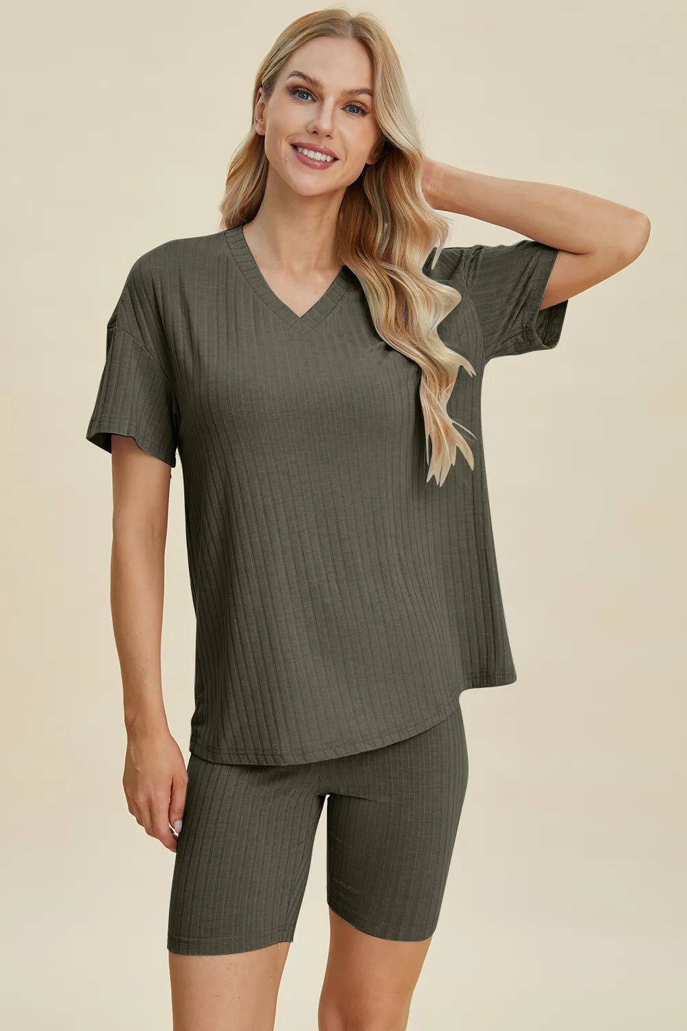 Basic Bae Full Size Ribbed V - Neck Short Sleeve Top and Shorts Set - Bela Fils BoutiqueBela Fils Boutique