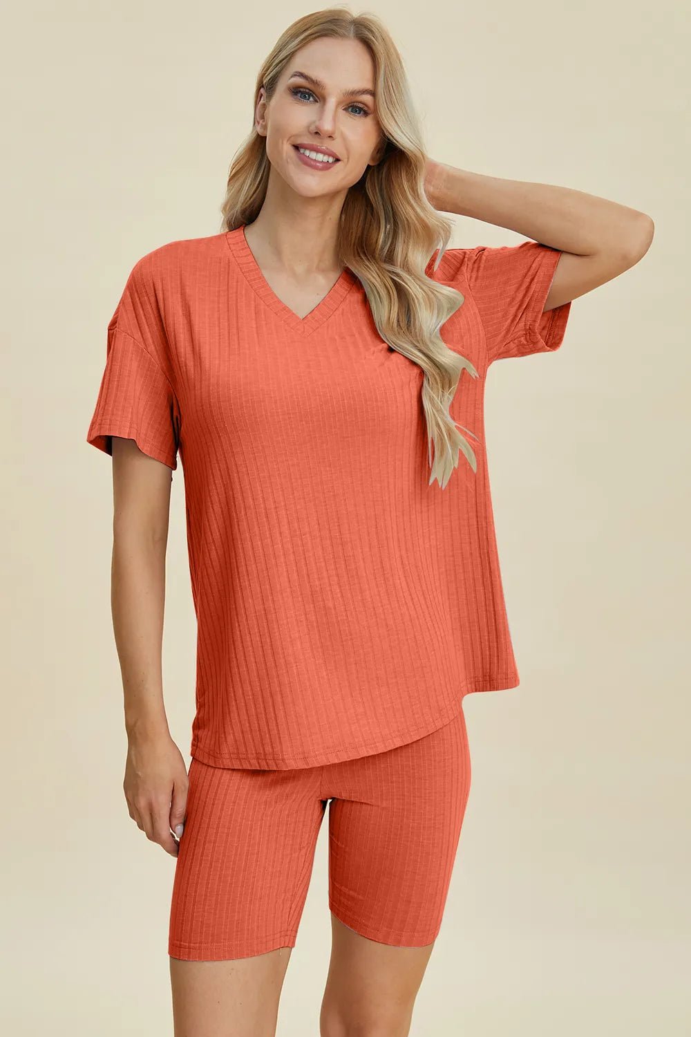 Basic Bae Full Size Ribbed V - Neck Short Sleeve Top and Shorts Set - Bela Fils BoutiqueBela Fils Boutique