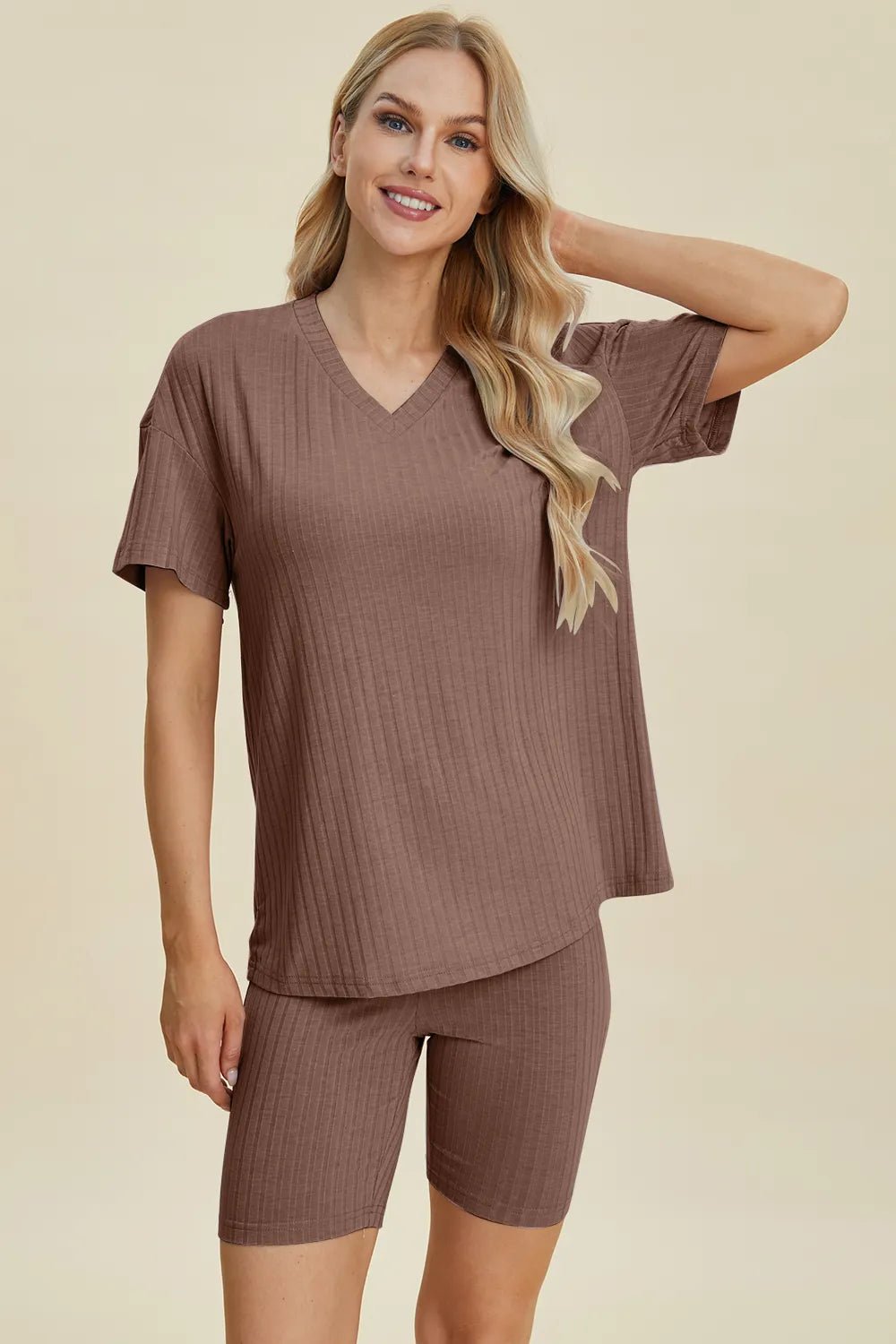 Basic Bae Full Size Ribbed V - Neck Short Sleeve Top and Shorts Set - Bela Fils BoutiqueBela Fils Boutique