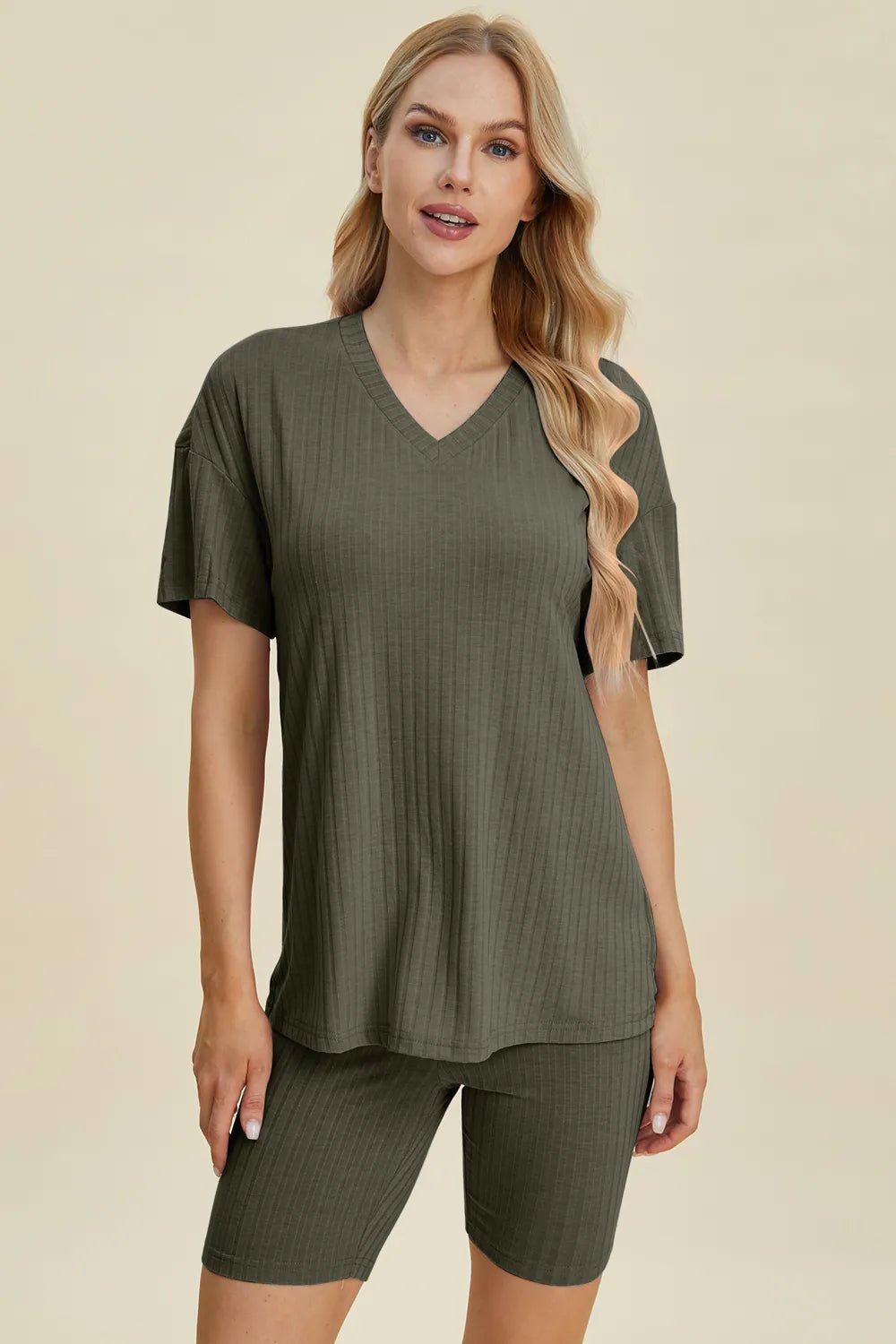 Basic Bae Full Size Ribbed V - Neck Short Sleeve Top and Shorts Set - Bela Fils BoutiqueBela Fils Boutique