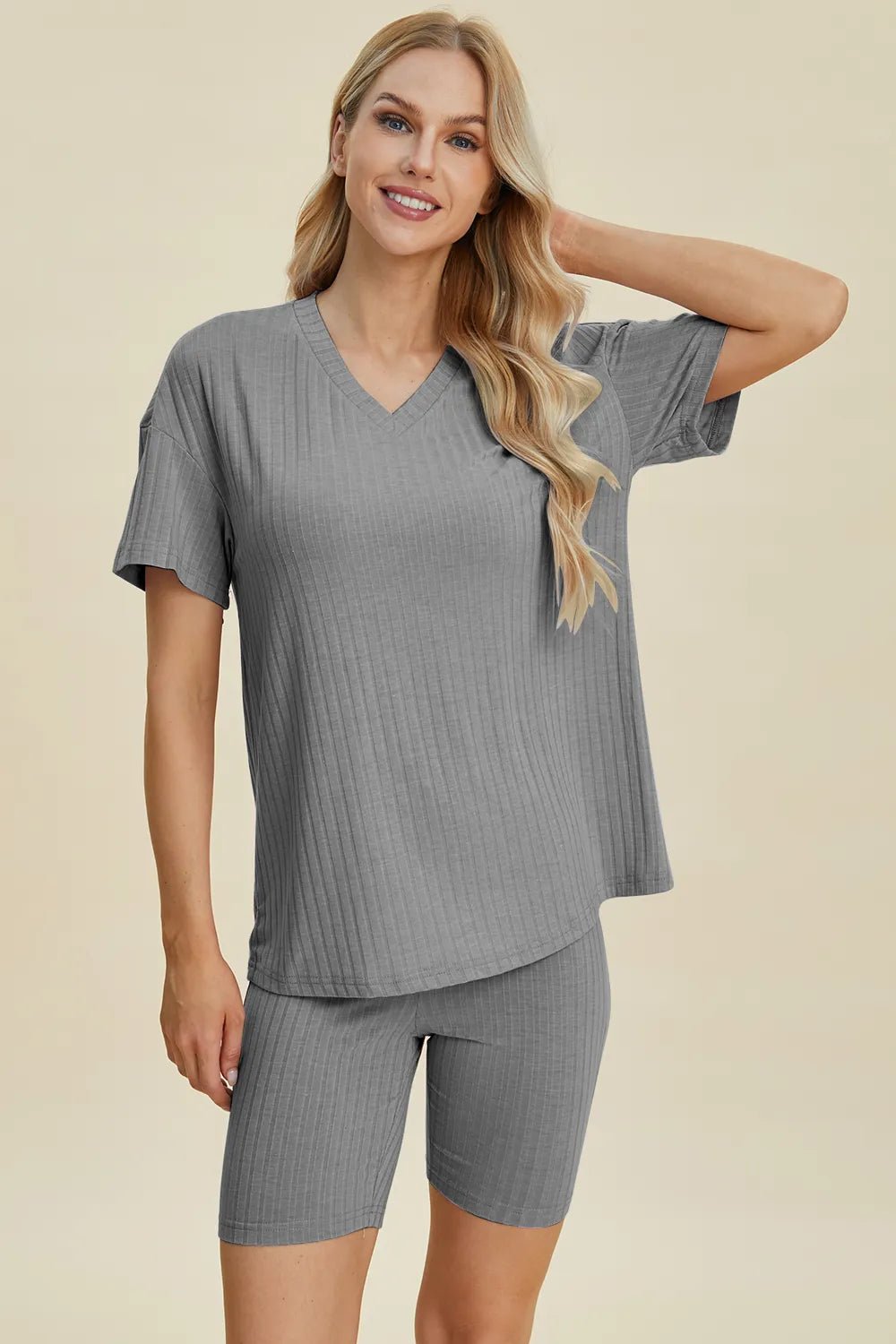 Basic Bae Full Size Ribbed V - Neck Short Sleeve Top and Shorts Set - Bela Fils BoutiqueBela Fils Boutique