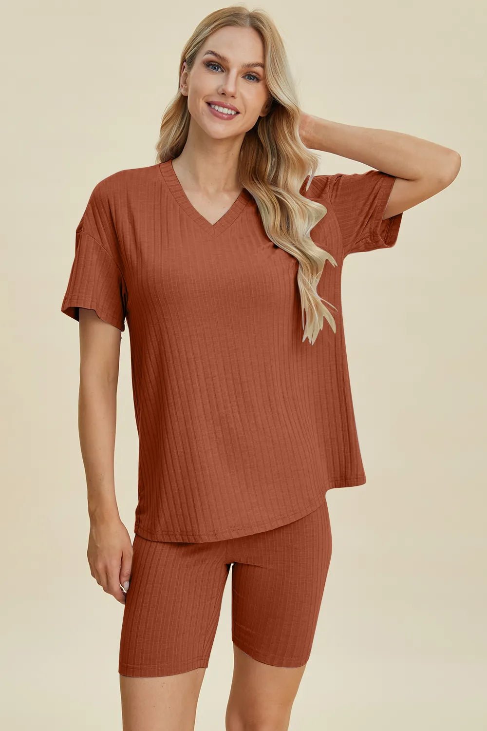 Basic Bae Full Size Ribbed V - Neck Short Sleeve Top and Shorts Set - Bela Fils BoutiqueBela Fils Boutique