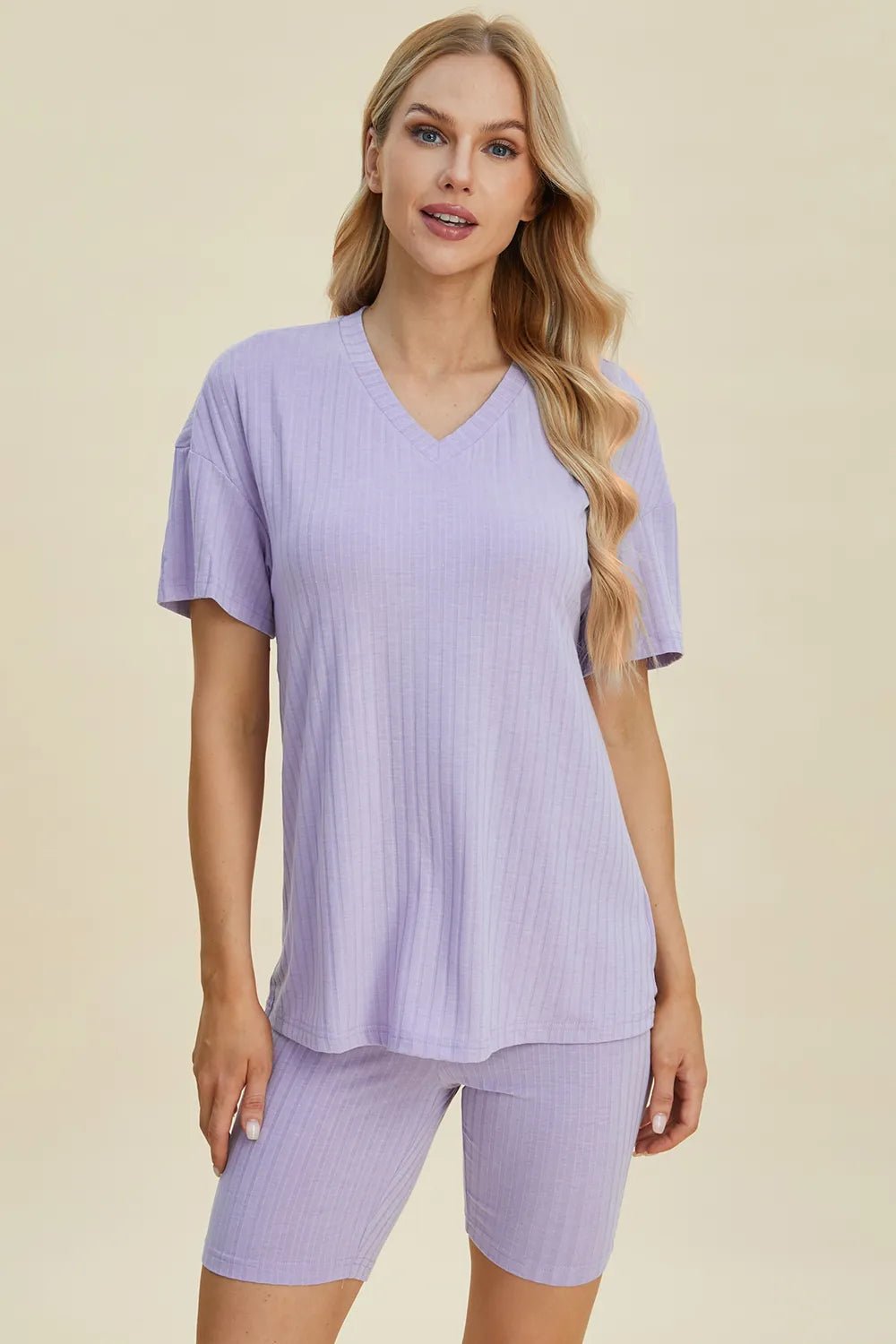 Basic Bae Full Size Ribbed V - Neck Short Sleeve Top and Shorts Set - Bela Fils BoutiqueBela Fils Boutique