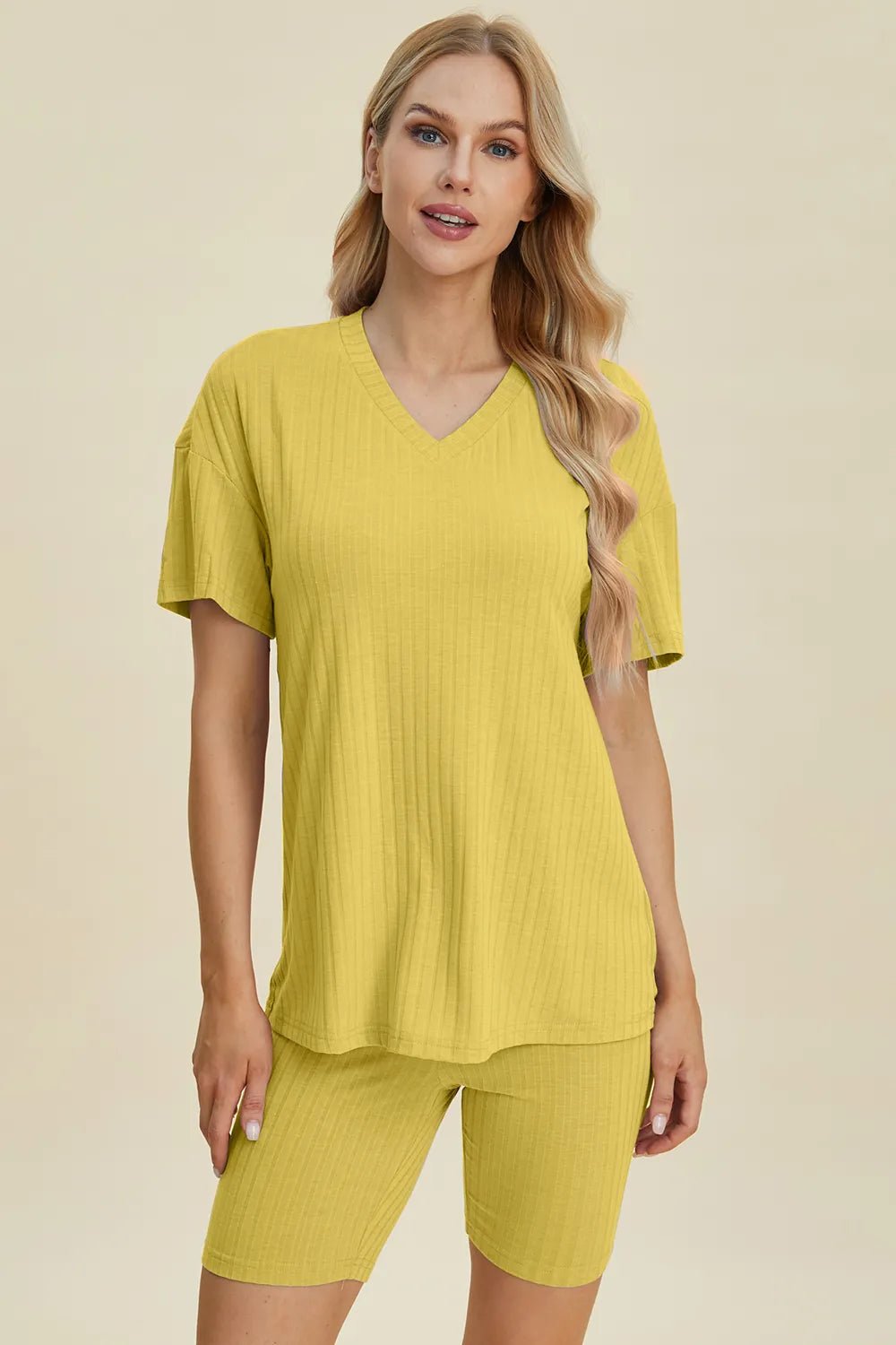 Basic Bae Full Size Ribbed V - Neck Short Sleeve Top and Shorts Set - Bela Fils BoutiqueBela Fils Boutique