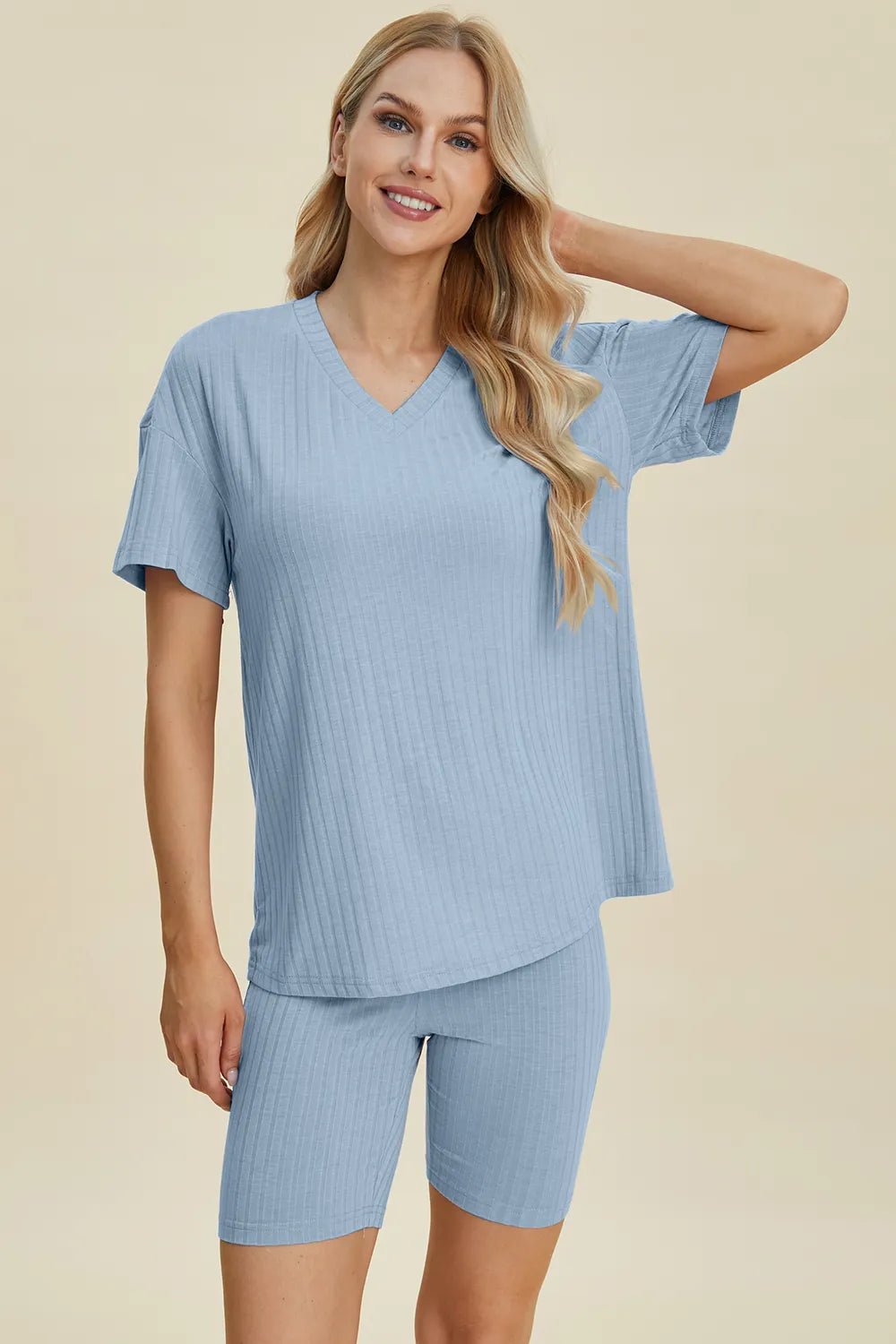 Basic Bae Full Size Ribbed V - Neck Short Sleeve Top and Shorts Set - Bela Fils BoutiqueBela Fils Boutique