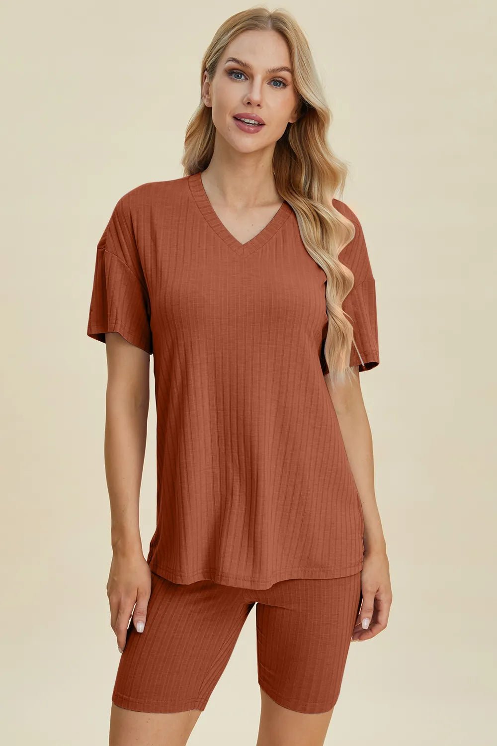 Basic Bae Full Size Ribbed V - Neck Short Sleeve Top and Shorts Set - Bela Fils BoutiqueBela Fils Boutique