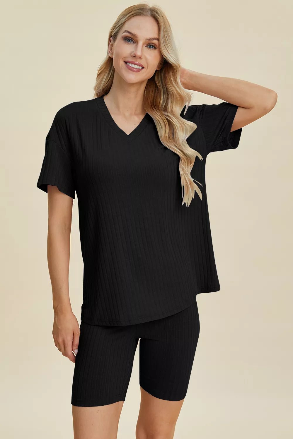 Basic Bae Full Size Ribbed V - Neck Short Sleeve Top and Shorts Set - Bela Fils BoutiqueBela Fils Boutique