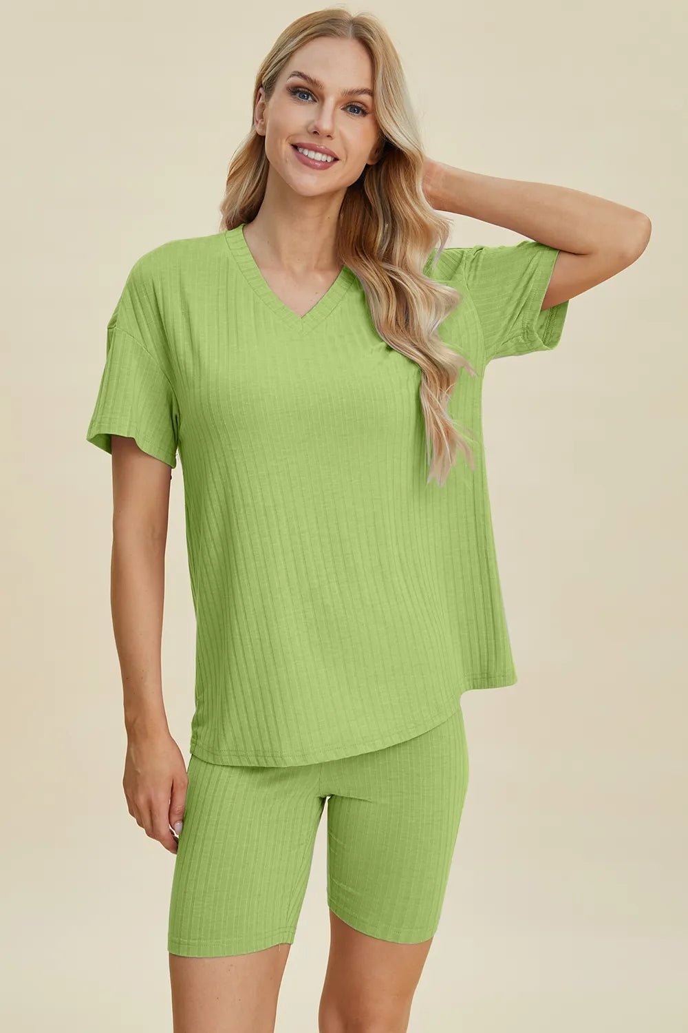 Basic Bae Full Size Ribbed V - Neck Short Sleeve Top and Shorts Set - Bela Fils BoutiqueBela Fils Boutique