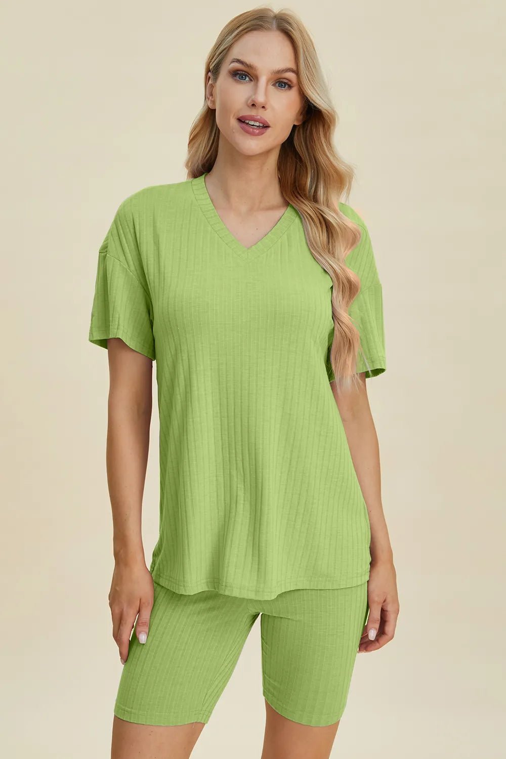 Basic Bae Full Size Ribbed V - Neck Short Sleeve Top and Shorts Set - Bela Fils BoutiqueBela Fils Boutique