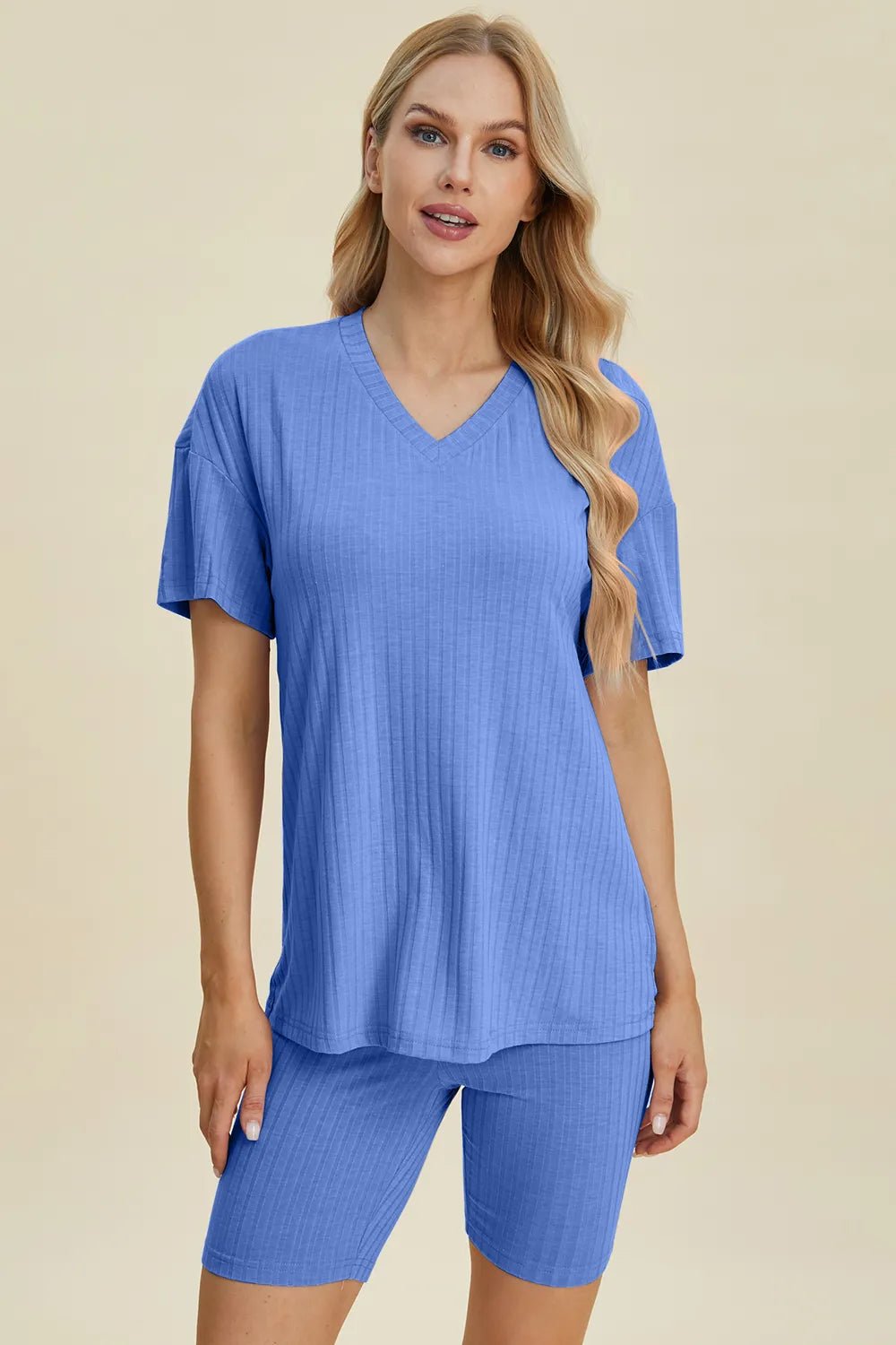 Basic Bae Full Size Ribbed V - Neck Short Sleeve Top and Shorts Set - Bela Fils BoutiqueBela Fils Boutique