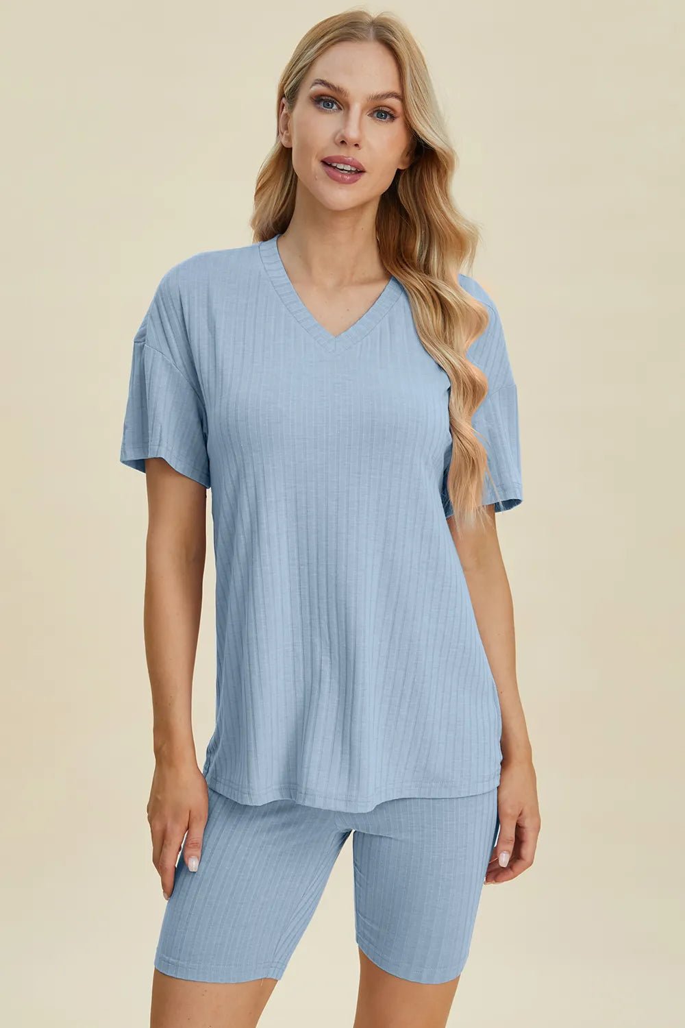 Basic Bae Full Size Ribbed V - Neck Short Sleeve Top and Shorts Set - Bela Fils BoutiqueBela Fils Boutique