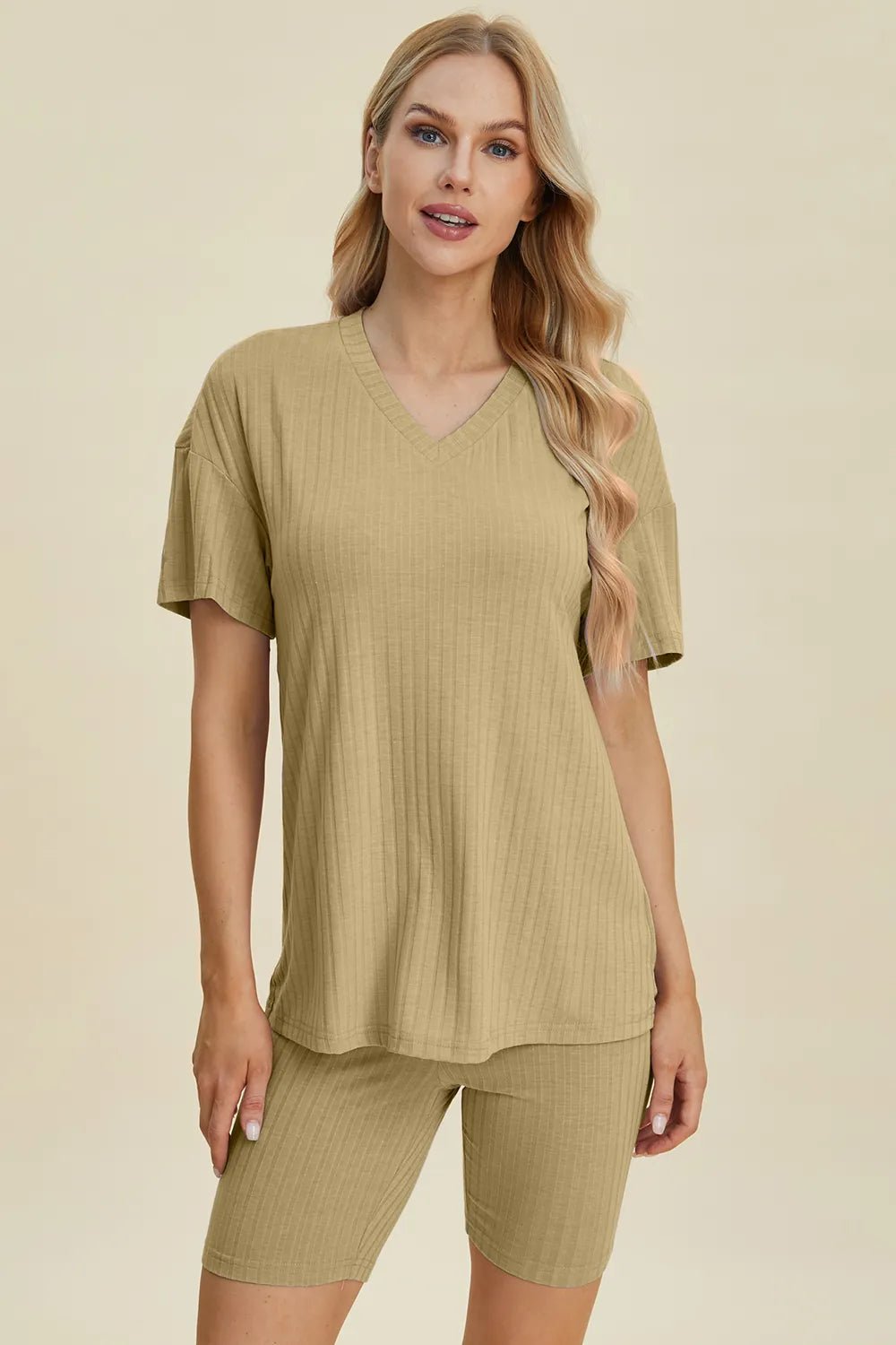 Basic Bae Full Size Ribbed V - Neck Short Sleeve Top and Shorts Set - Bela Fils BoutiqueBela Fils Boutique