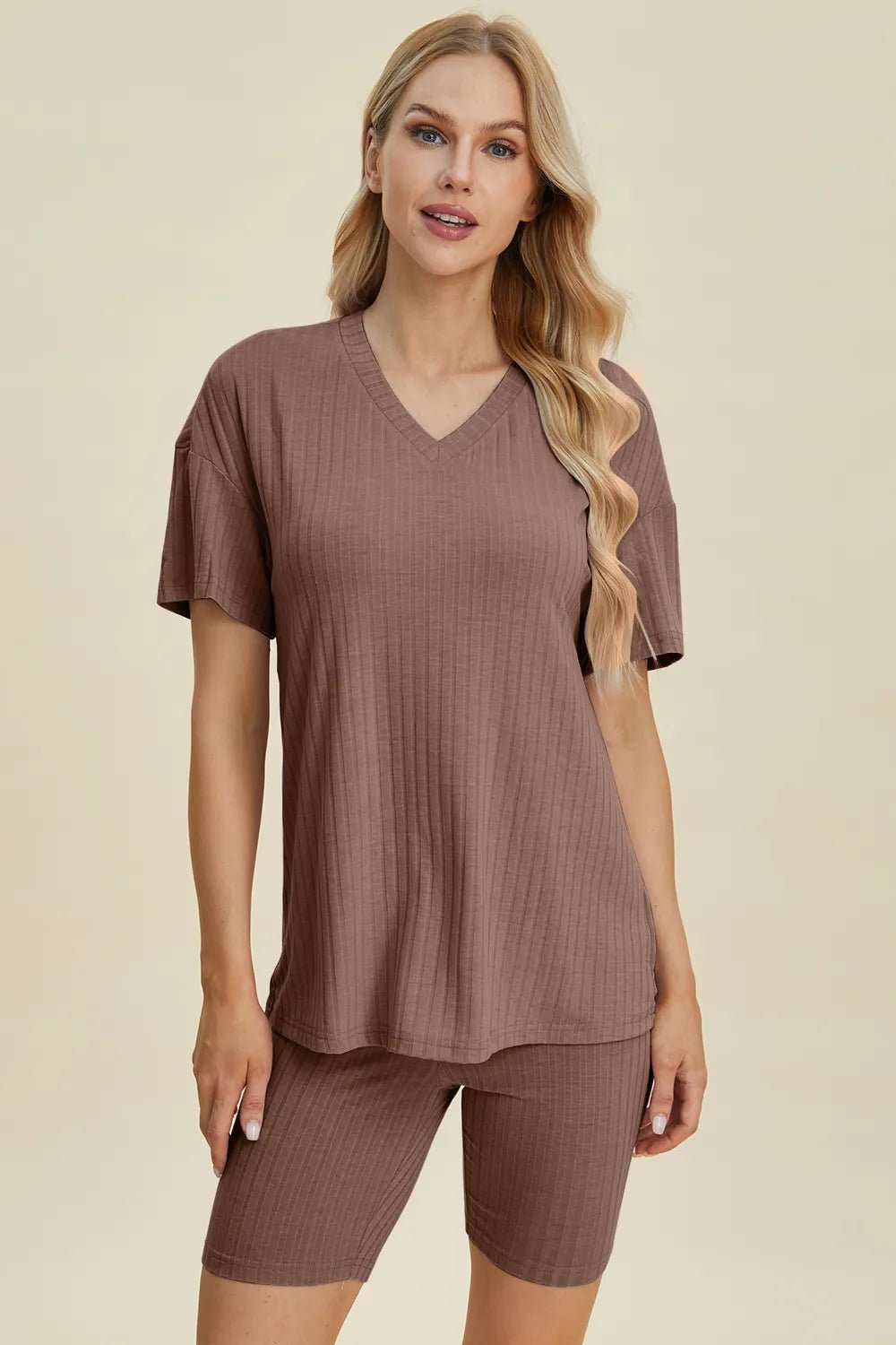 Basic Bae Full Size Ribbed V - Neck Short Sleeve Top and Shorts Set - Bela Fils BoutiqueBela Fils Boutique