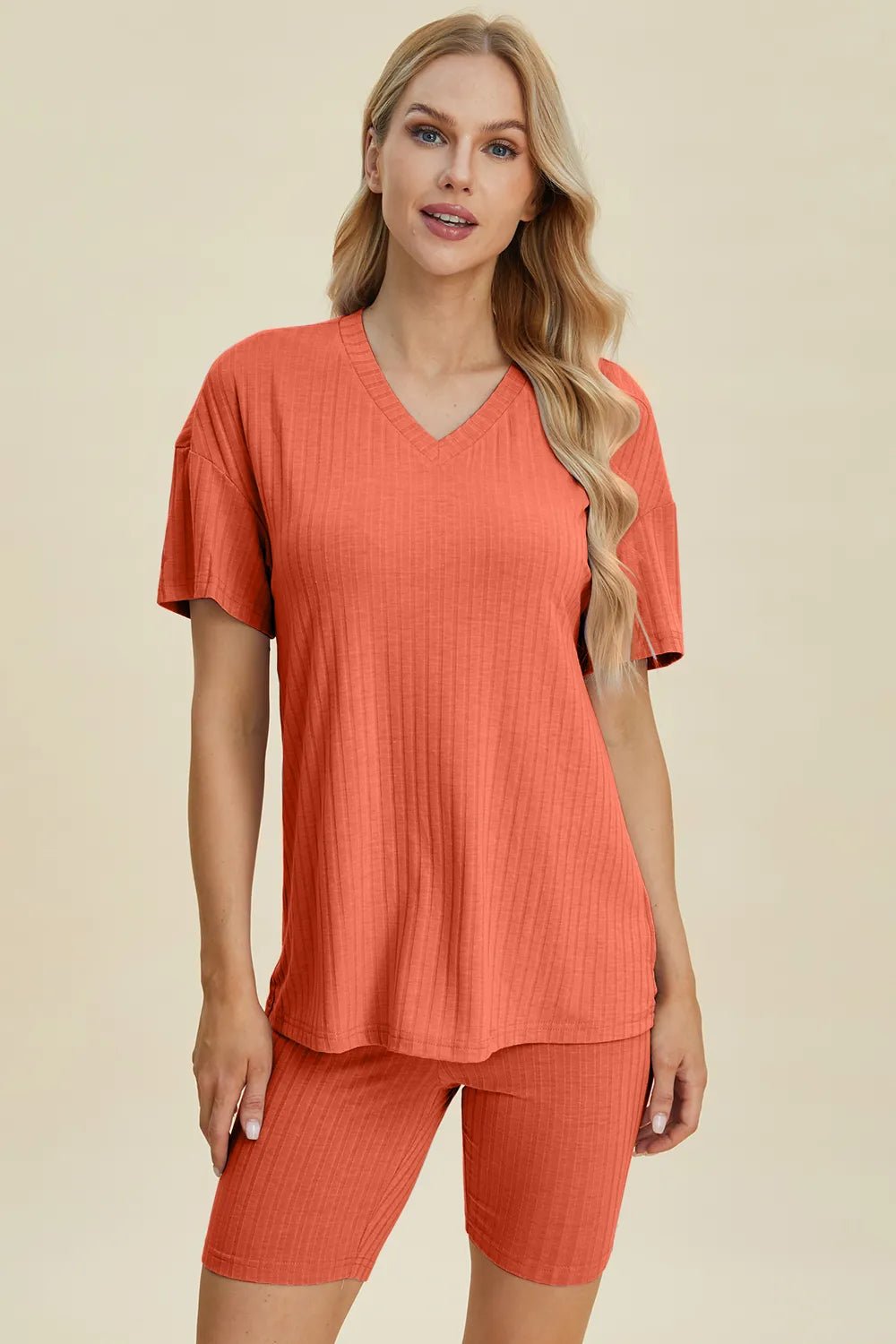 Basic Bae Full Size Ribbed V - Neck Short Sleeve Top and Shorts Set - Bela Fils BoutiqueBela Fils Boutique