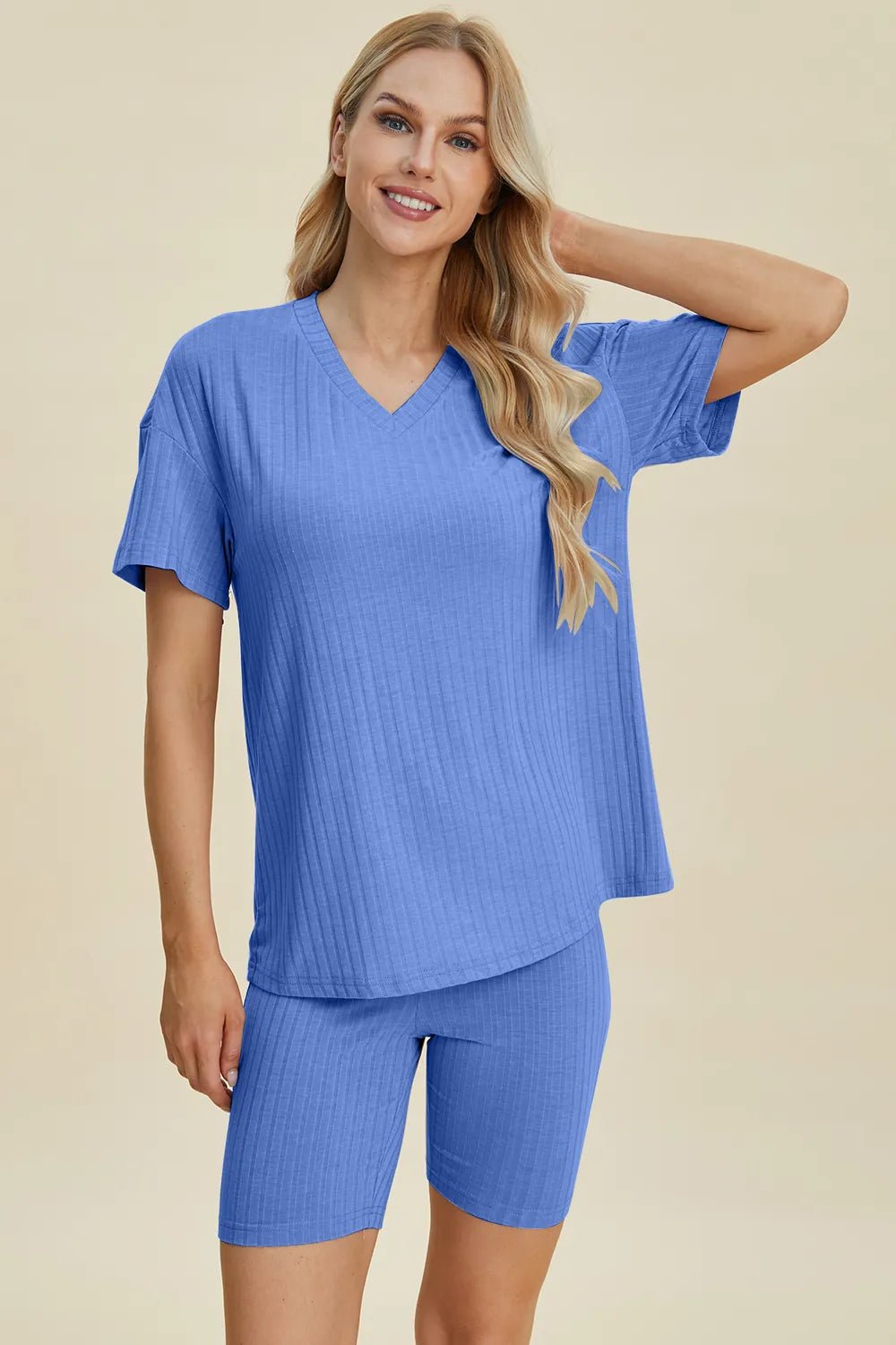 Basic Bae Full Size Ribbed V - Neck Short Sleeve Top and Shorts Set - Bela Fils BoutiqueBela Fils Boutique