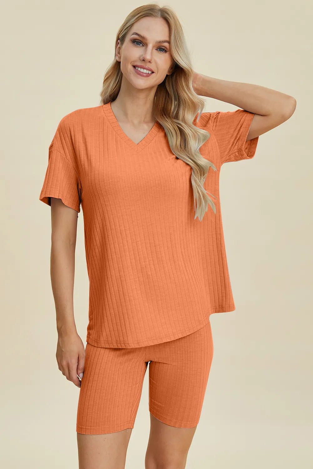 Basic Bae Full Size Ribbed V - Neck Short Sleeve Top and Shorts Set - Bela Fils BoutiqueBela Fils Boutique