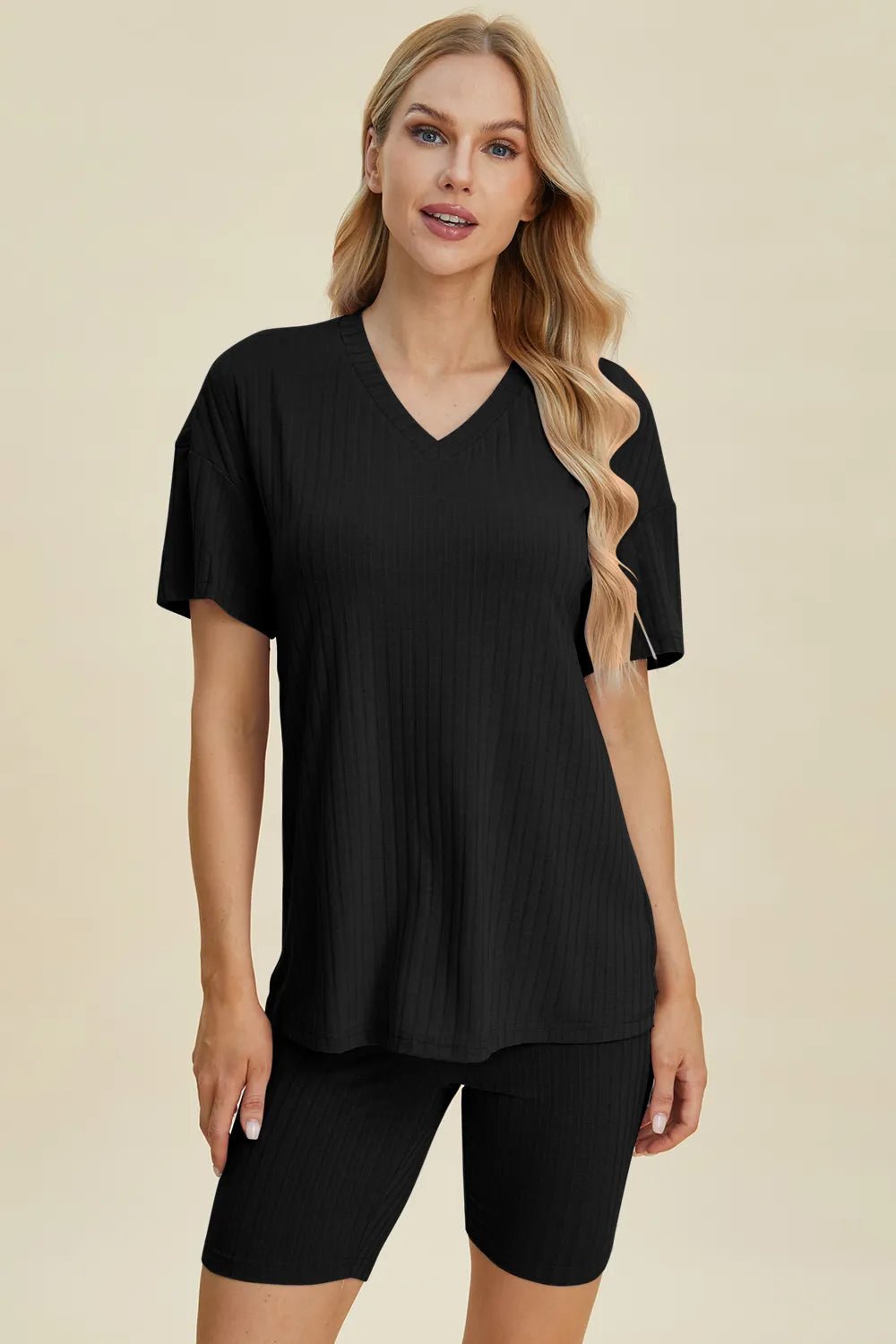 Basic Bae Full Size Ribbed V - Neck Short Sleeve Top and Shorts Set - Bela Fils BoutiqueBela Fils Boutique