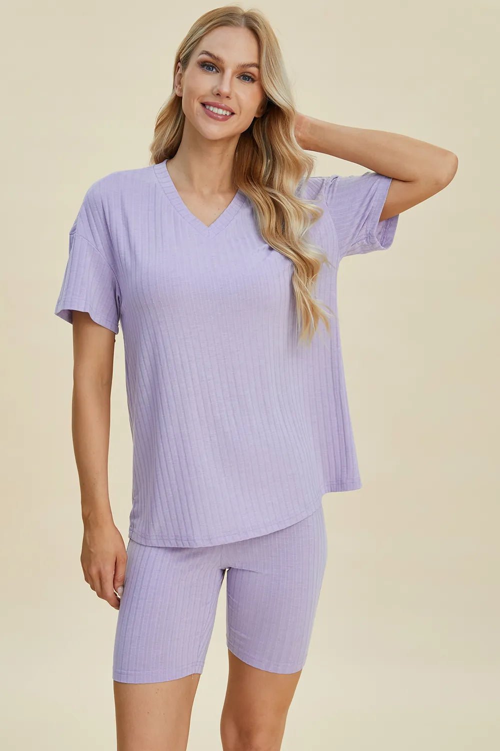 Basic Bae Full Size Ribbed V - Neck Short Sleeve Top and Shorts Set - Bela Fils BoutiqueBela Fils Boutique