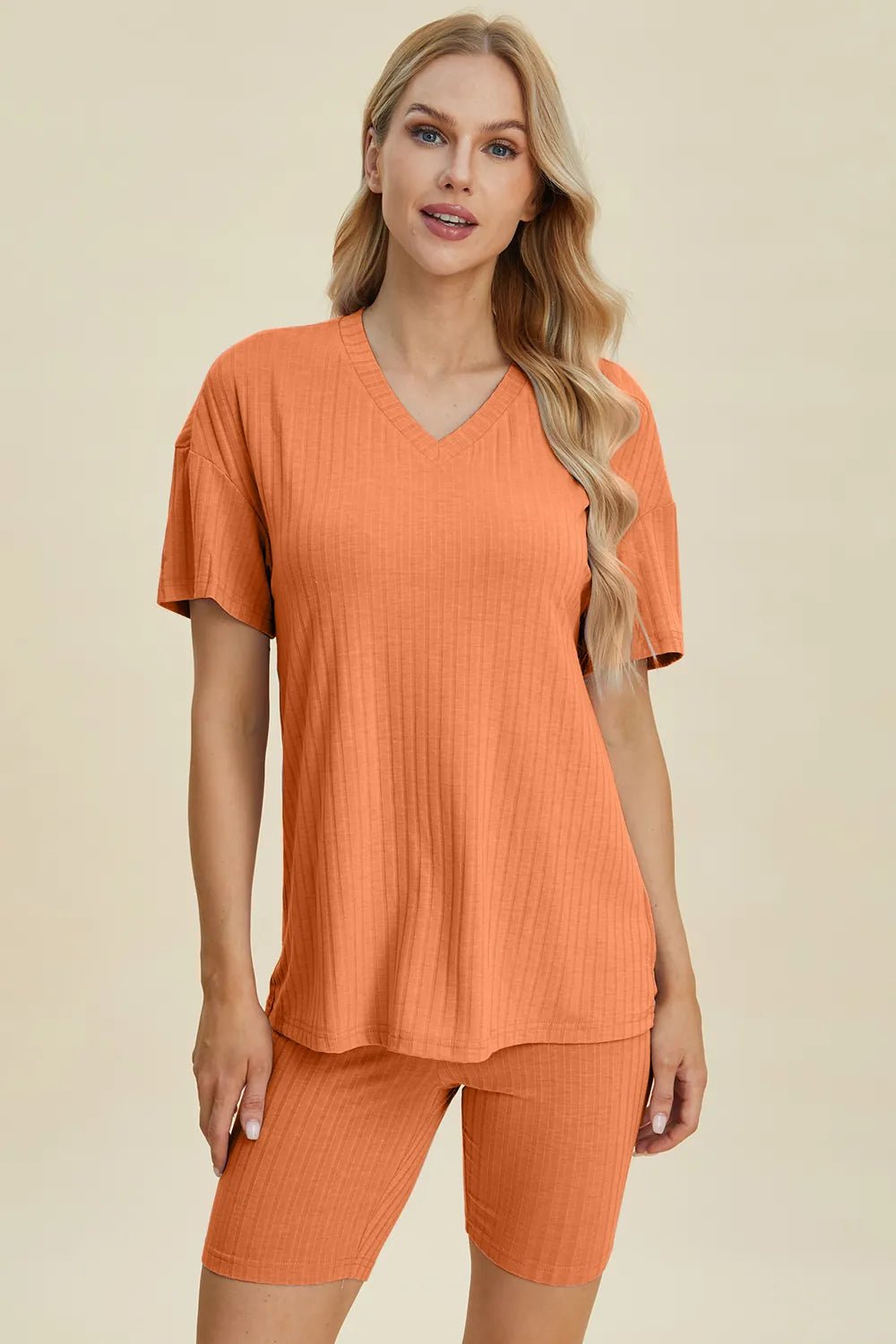 Basic Bae Full Size Ribbed V - Neck Short Sleeve Top and Shorts Set - Bela Fils BoutiqueBela Fils Boutique