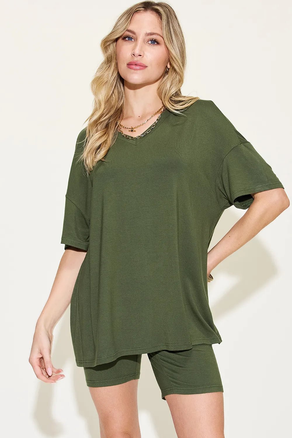 Basic Bae Full Size V - Neck Drop Shoulder T-Shirt and Shorts Set - Bela Fils BoutiqueBela Fils Boutique