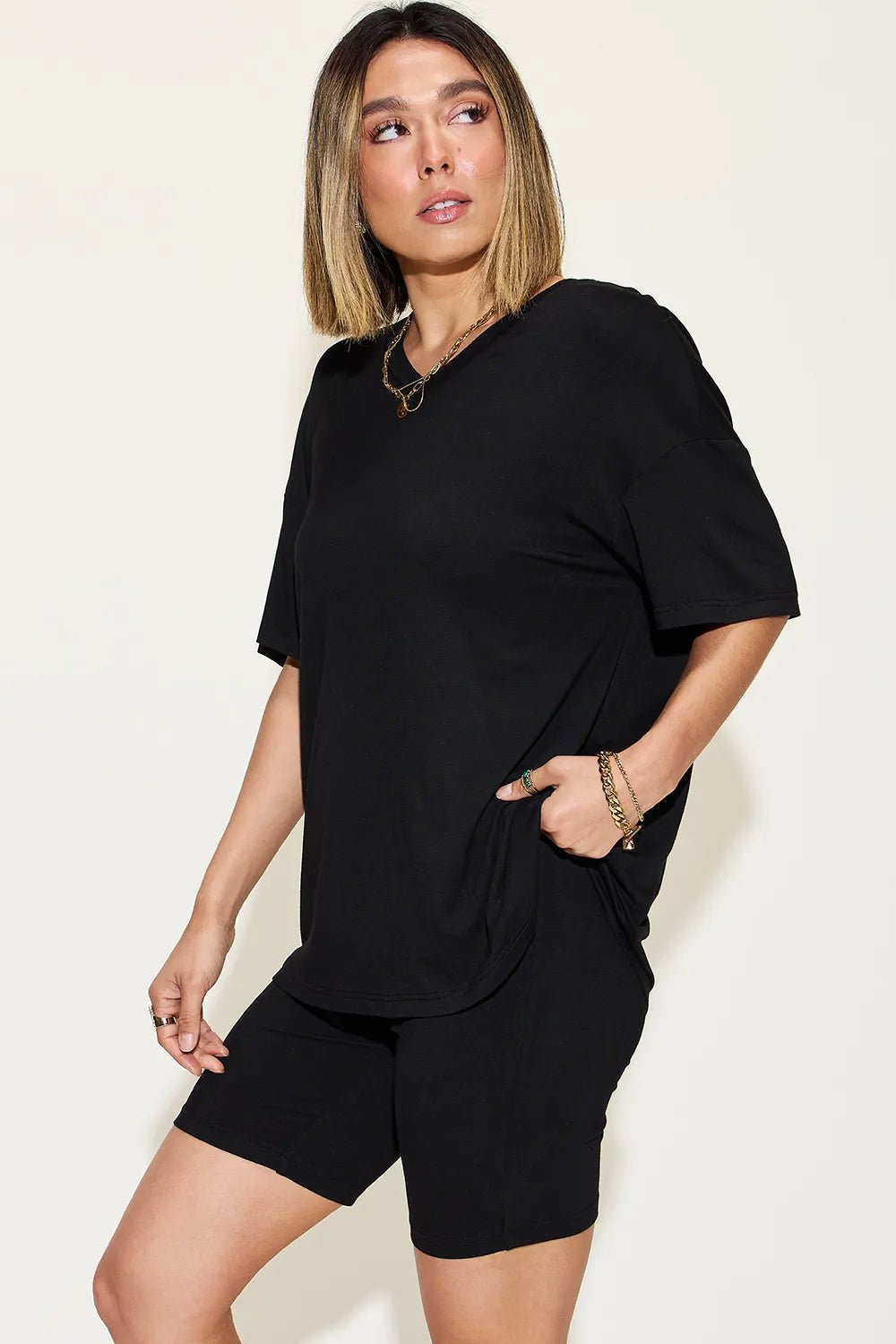 Basic Bae Full Size V - Neck Drop Shoulder T-Shirt and Shorts Set - Bela Fils BoutiqueBela Fils Boutique