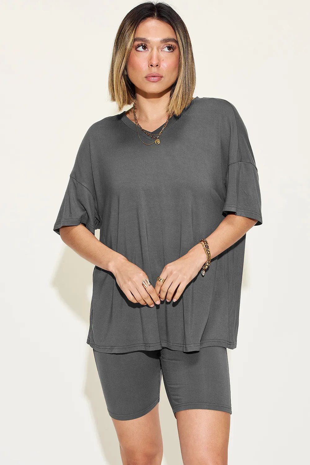 Basic Bae Full Size V - Neck Drop Shoulder T-Shirt and Shorts Set - Bela Fils BoutiqueBela Fils Boutique
