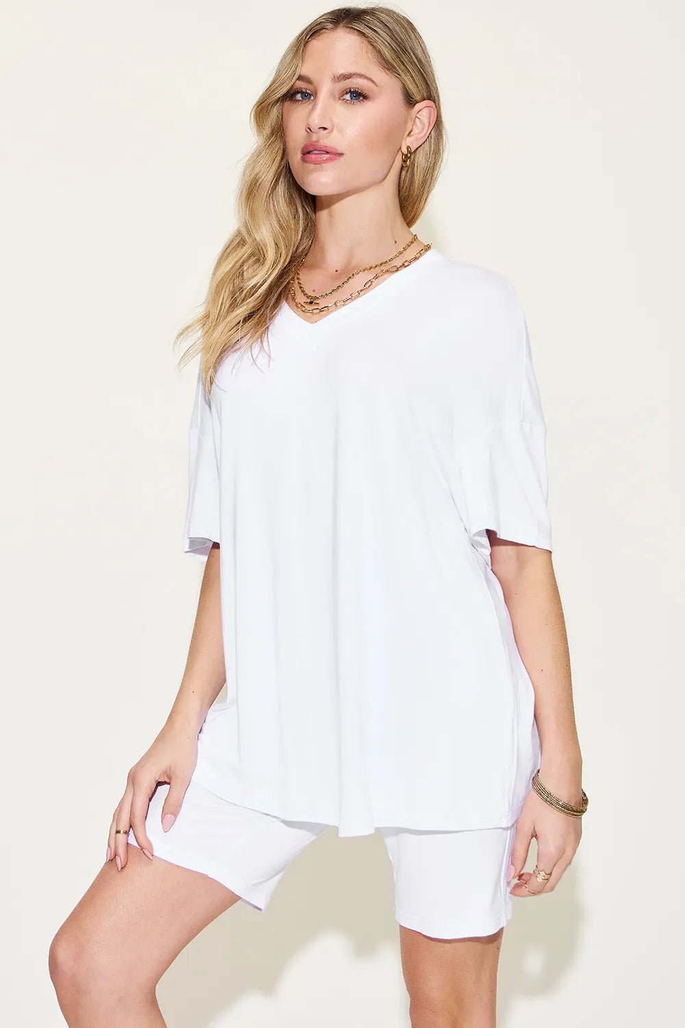 Basic Bae Full Size V - Neck Drop Shoulder T-Shirt and Shorts Set - Bela Fils BoutiqueBela Fils Boutique