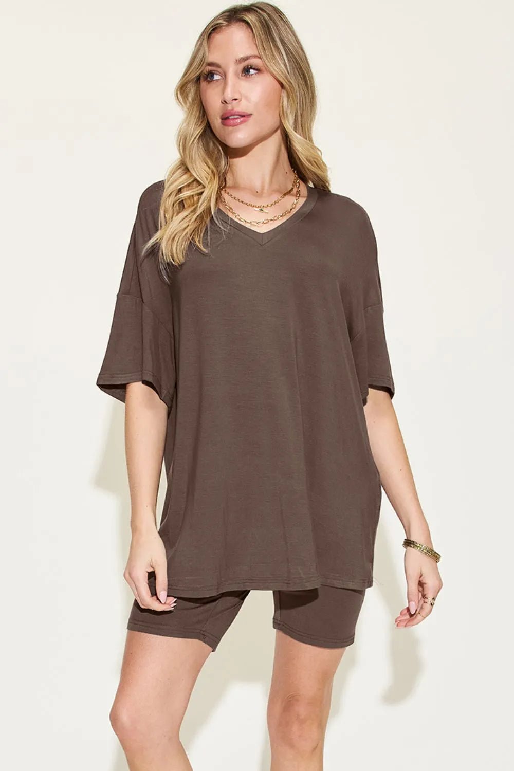 Basic Bae Full Size V - Neck Drop Shoulder T-Shirt and Shorts Set - Bela Fils BoutiqueBela Fils Boutique
