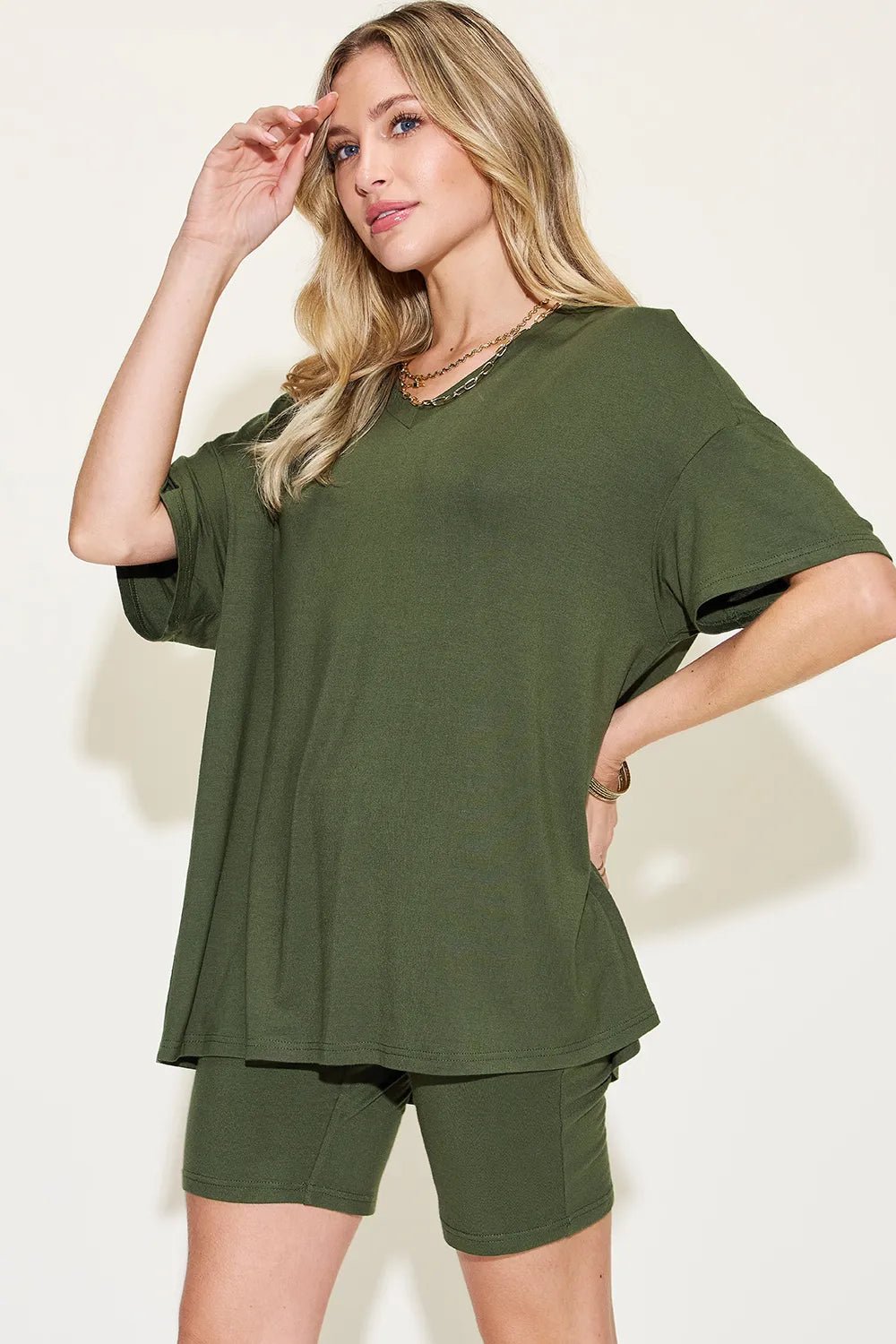 Basic Bae Full Size V - Neck Drop Shoulder T-Shirt and Shorts Set - Bela Fils BoutiqueBela Fils Boutique
