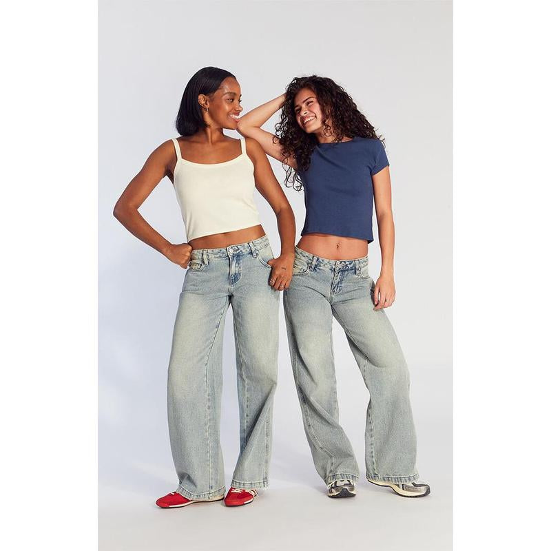 Pacsun Women'S Casey Low Rise Baggy Jeans Medium Indigo Wash Tint