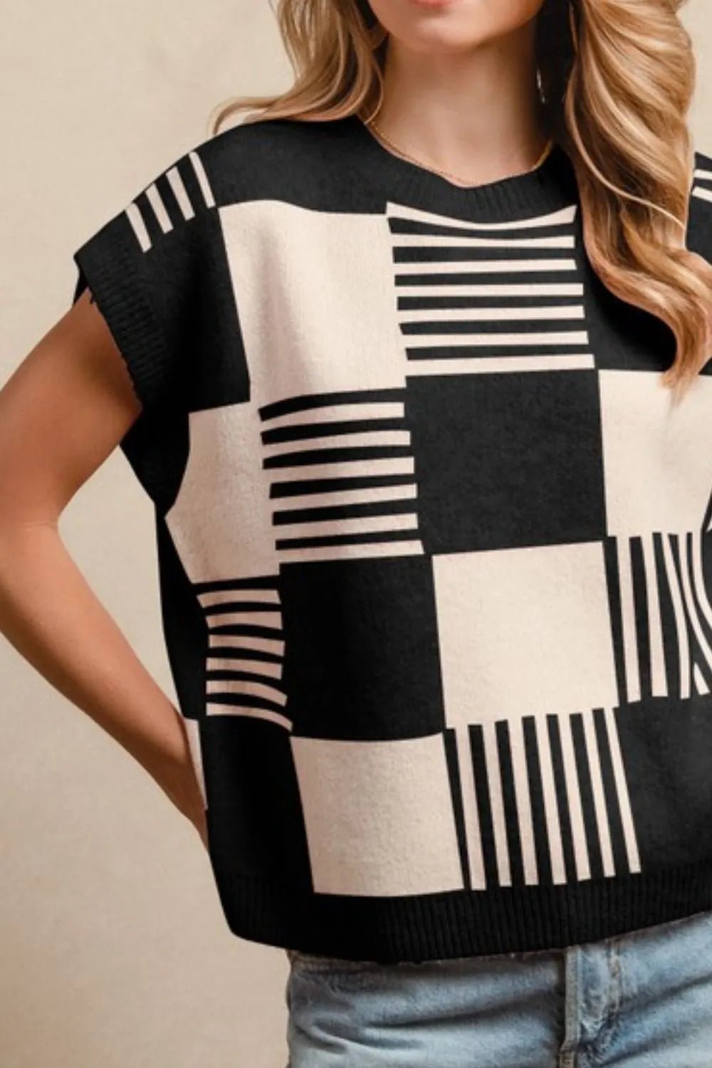 BiBi Checker With Stripes Pattern Sleeveless Sweater - Bela Fils BoutiqueBela Fils Boutique